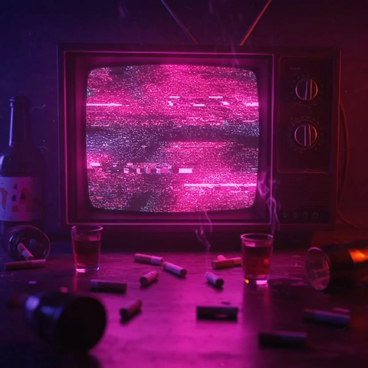 A vintage television with a static screen emitting pink and purple static, surrounded by scattered cigarette butts and two glasses of dark liquid on a surface, with a bottle on the left side and a purple and red neon glow creating a moody atmosphere.
