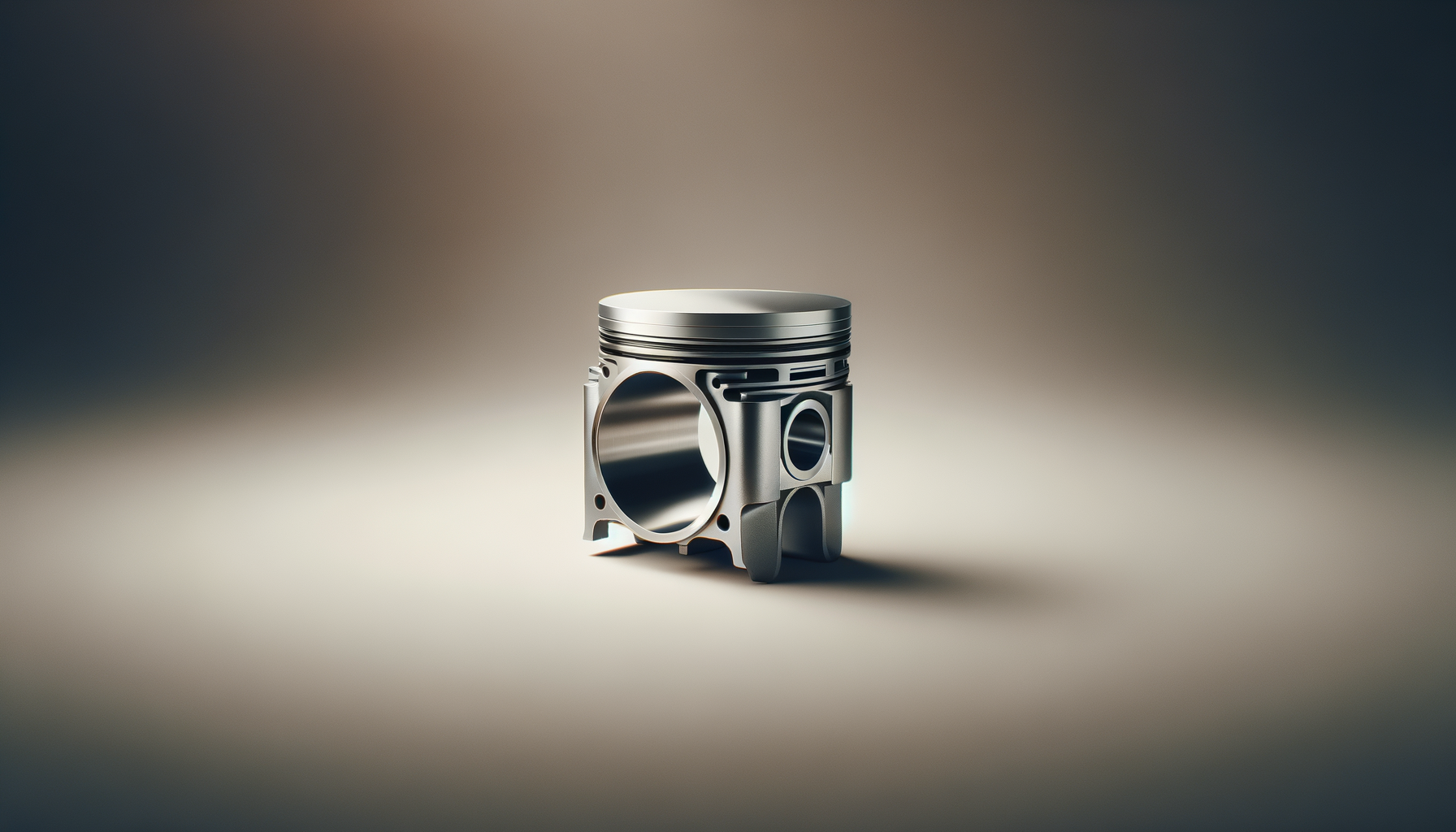 A metallic piston with a smooth, shiny surface, isolated on a gradient background.