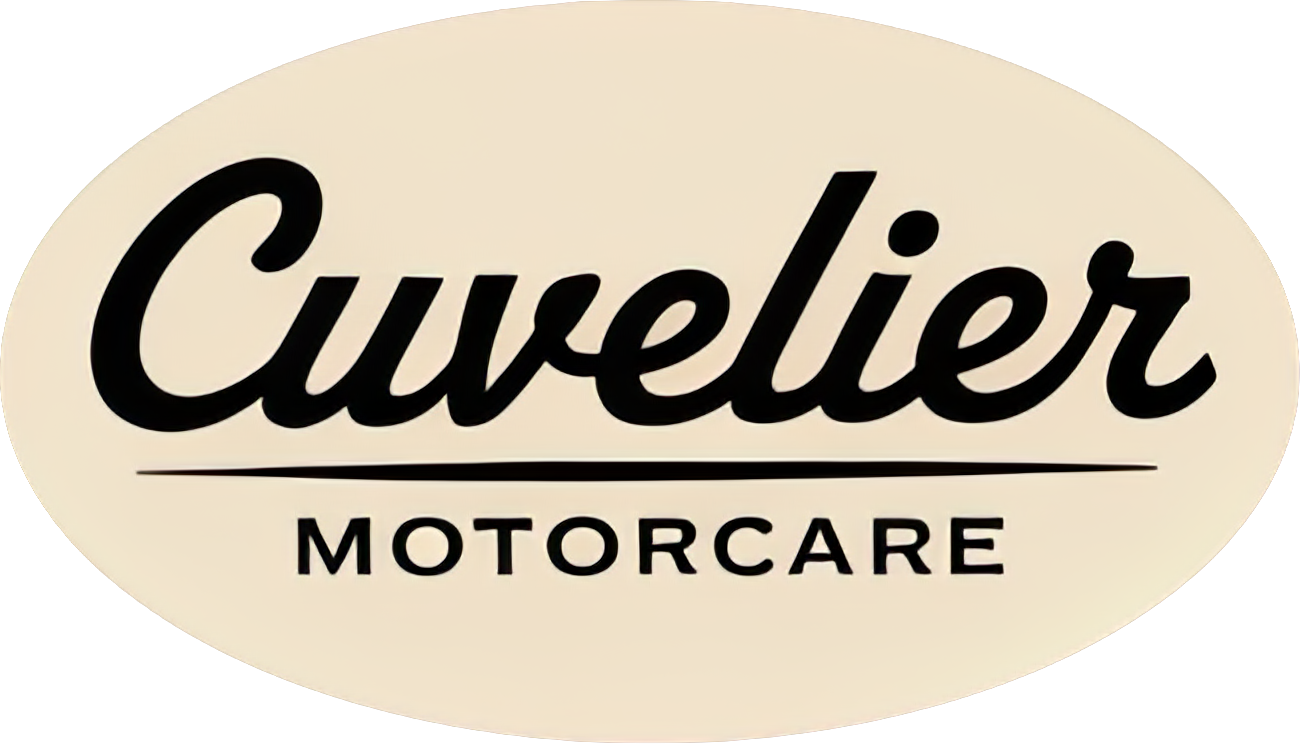 Logo of Cuvelier Motorcare in black text on an oval cream background.