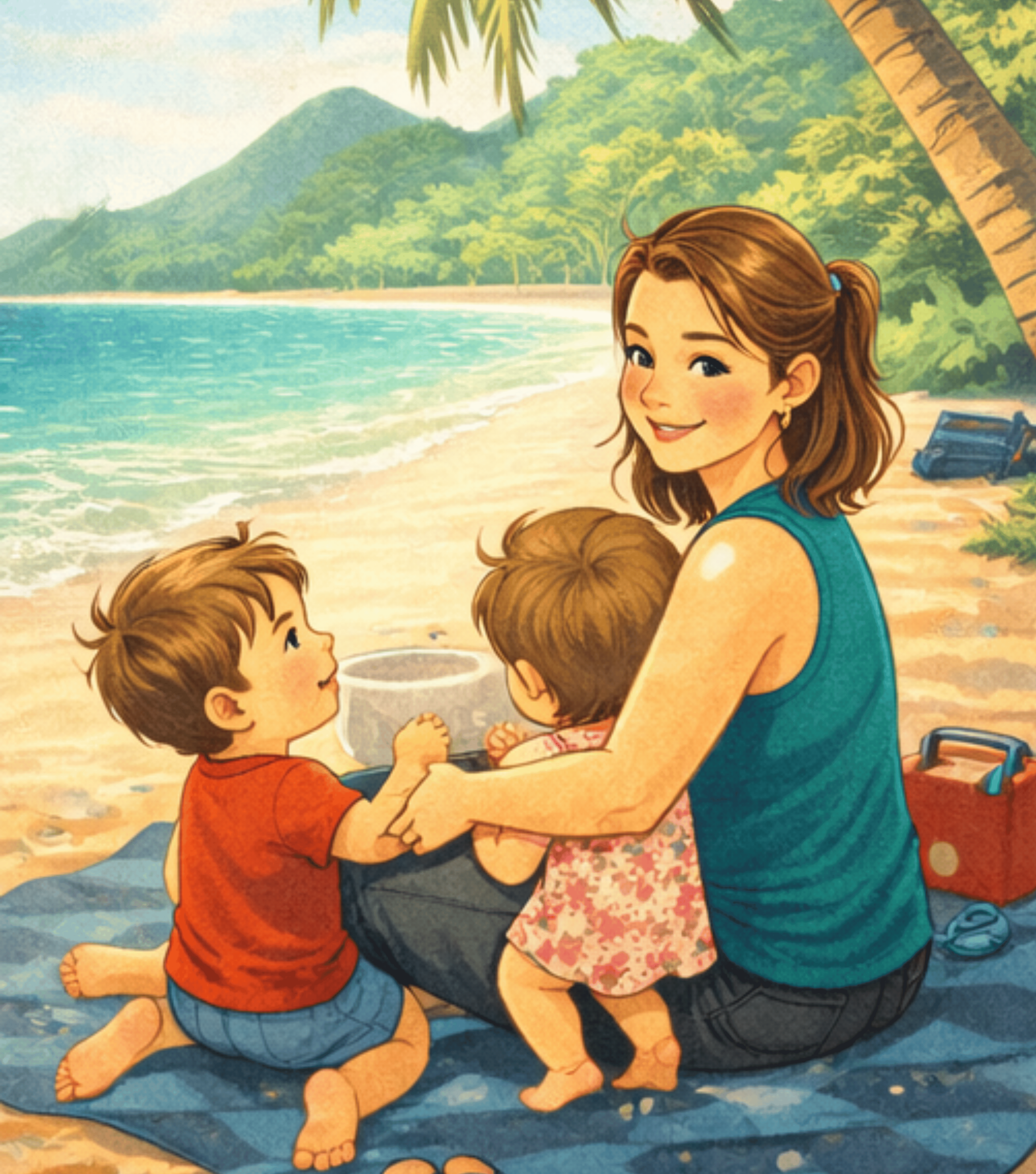 A woman and two young children sitting on a beach, with a tropical landscape, palm tree, and mountains in the background. The woman is smiling and holding the children, who are sitting on a beach blanket.