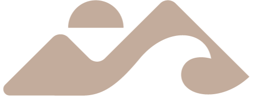 A minimalist illustration of mountains with a stylized sun or moon in the background.