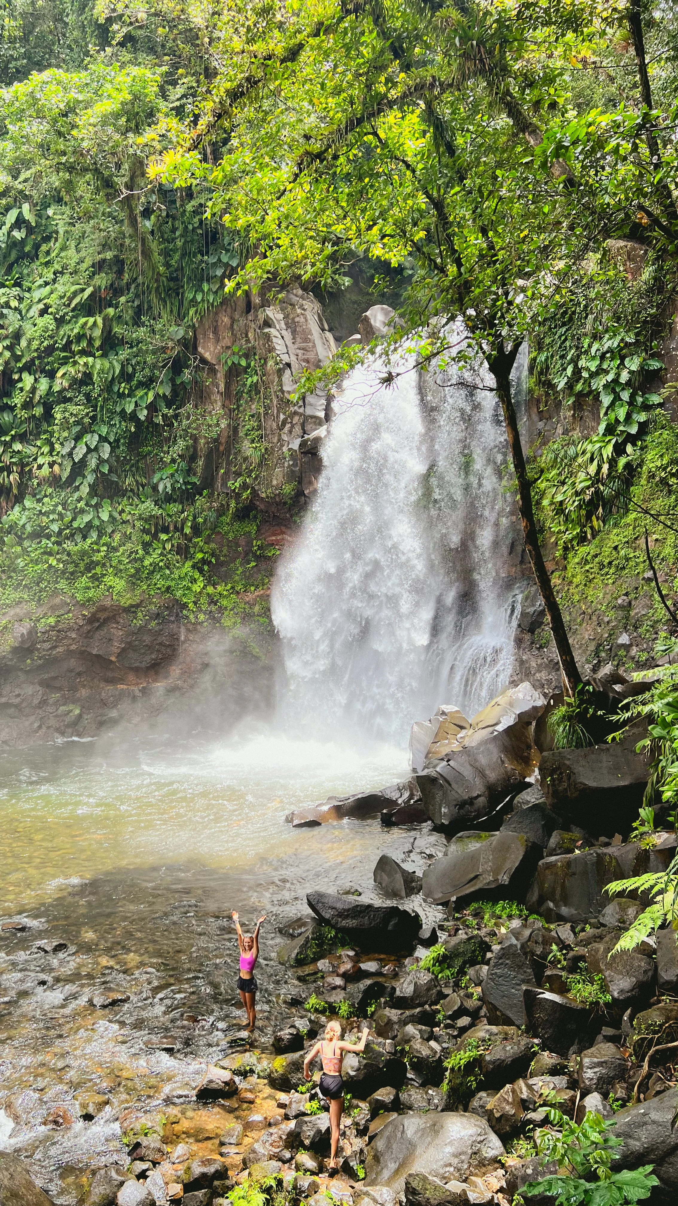 A tropical rainforest with a waterfall cascading into a pool, surrounded by lush green foliage, with two women standing on rocks near the water, one raising her arms and the other looking at the waterfall.