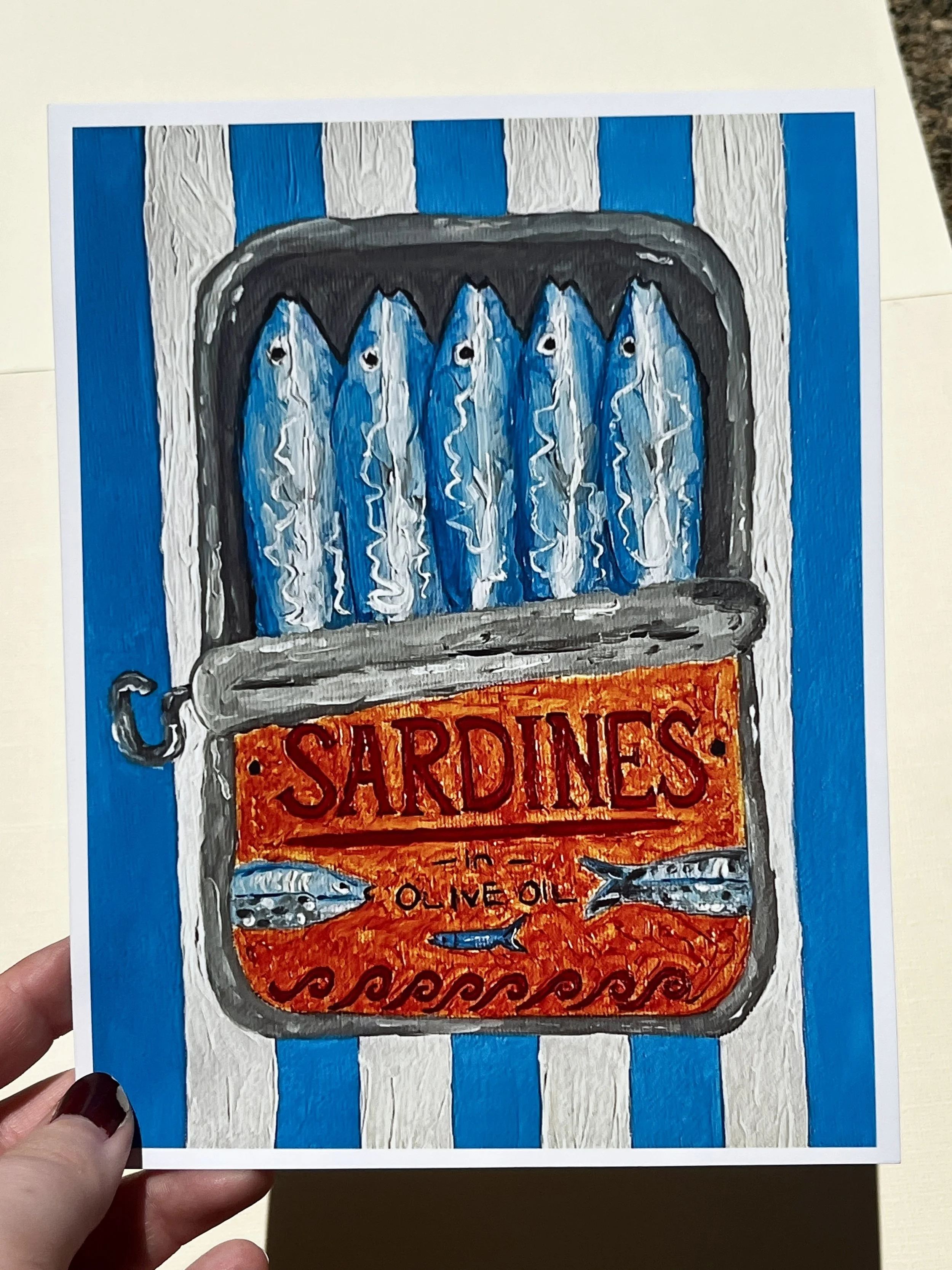 Painting of a sardine can with the label 'SARDINES in OLIVE OIL' and several sardines inside, set against a striped blue and white background.