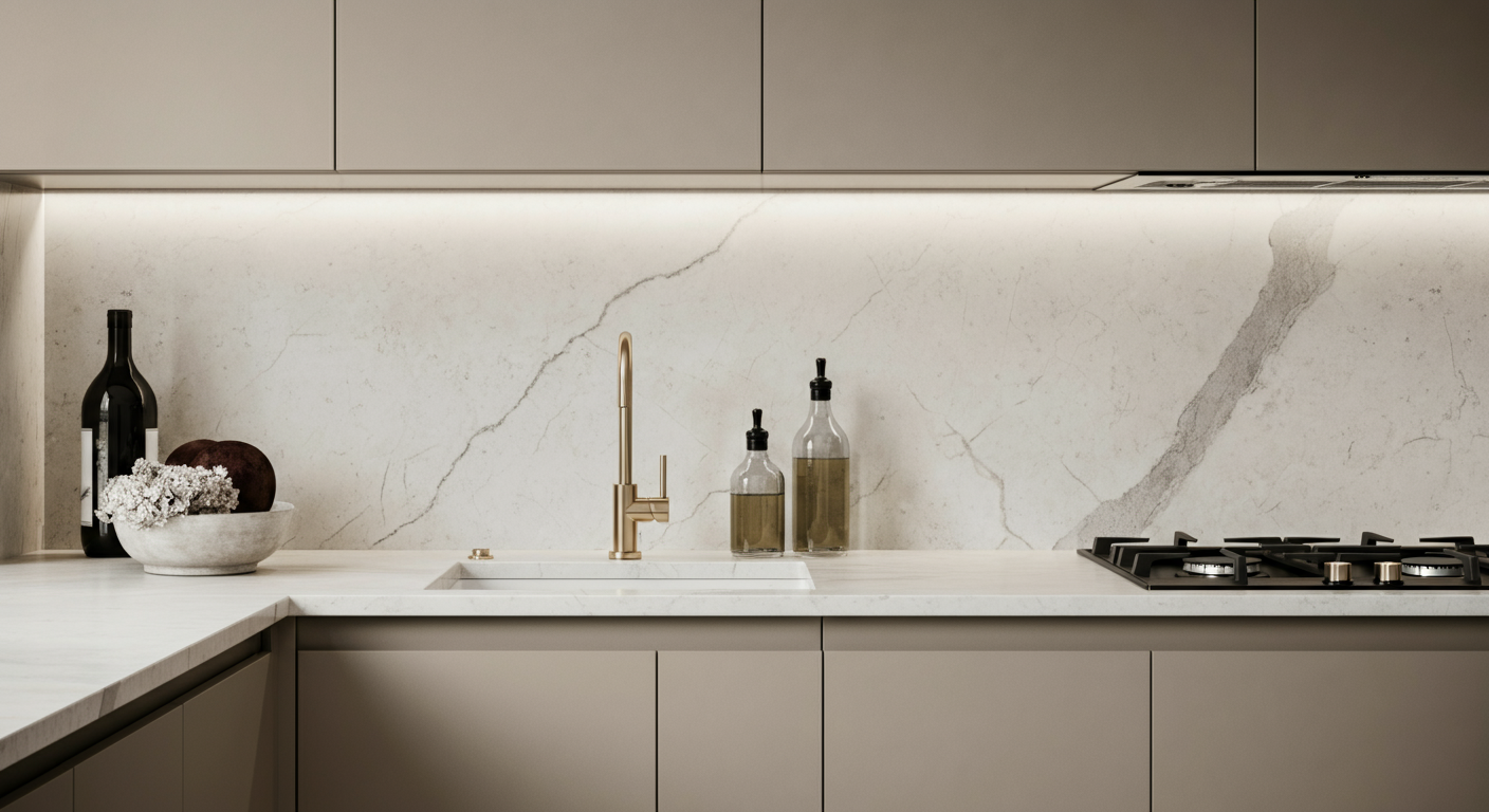 Modern kitchen countertop with beige cabinetry, a marble backsplash, a gold faucet, two glass bottles with dispensing pumps, a bowl with white flowers and fruit, a bottle of wine, and a gas stove.