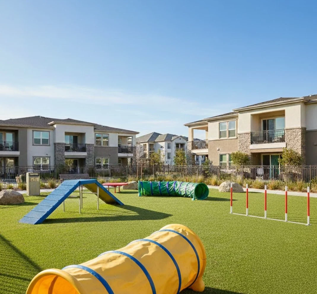 Apartment complex with a grassy yard including dog agility equipment and a clear blue sky.