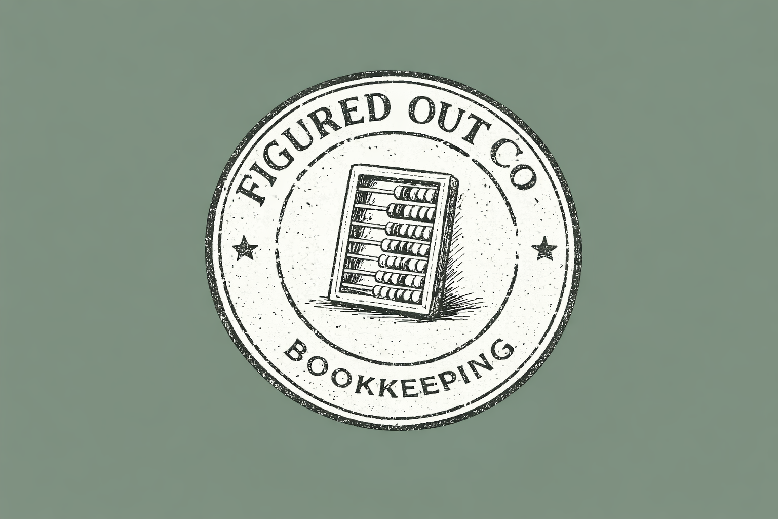 A vintage-style circular badge with an illustration of an abacus, containing the text 'Figured Out Co Bookkeeping'.