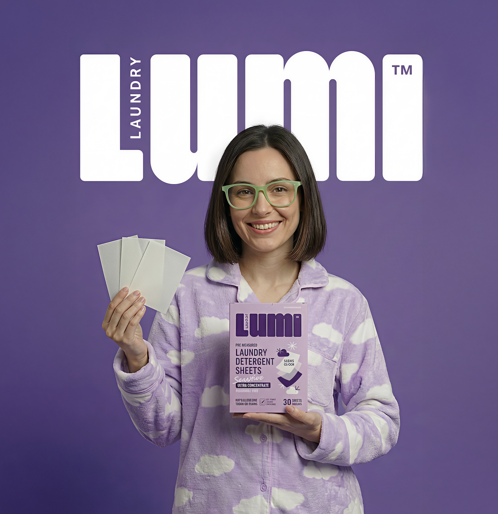 A woman wearing green glasses and lavender pajamas with white clouds, smiling and holding laundry detergent sheets package and several white sheets in her hand, standing in front of a purple background with the word LUMI LAUNDRY in large white letters.