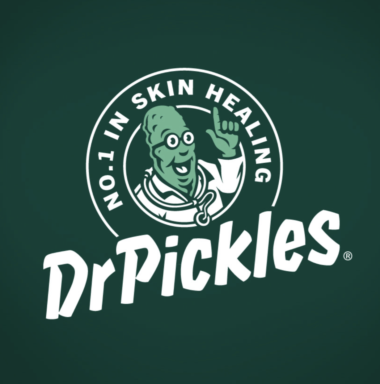 Logo of Dr. Pickles with a cartoon character of a doctor with glasses, a lab coat, and a stethoscope, giving an epic thumbs up, surrounded by the text "Not in Skin Healing".