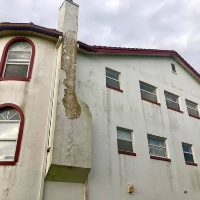 Before: peeling exterior paint near chimney needs prep and repaint.