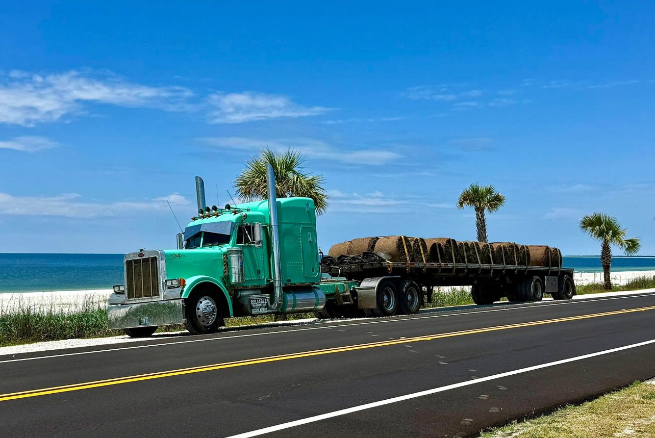 A turquoise semi-truck parked on the side of a coastal road with palm trees, white sand, and ocean in the background.
