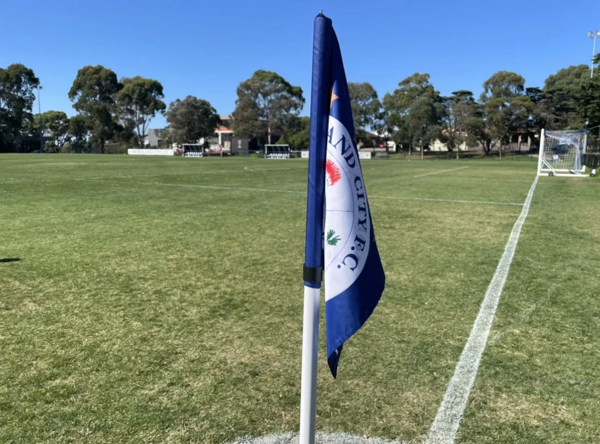 Soccer field with corner flag and goal in the background, trees surrounding the field under clear blue sky.