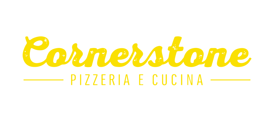 Logo for Cornerstone Pizzeria e Cucina in yellow with a white background.