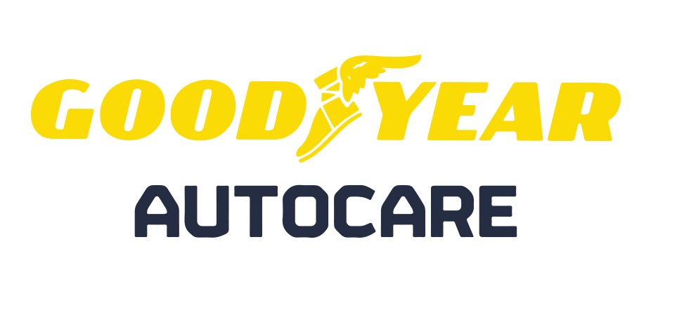 Goodyear logo with yellow text and a winged foot icon above the word 'Goodyear', and the word 'AutoCare' below in dark blue text.