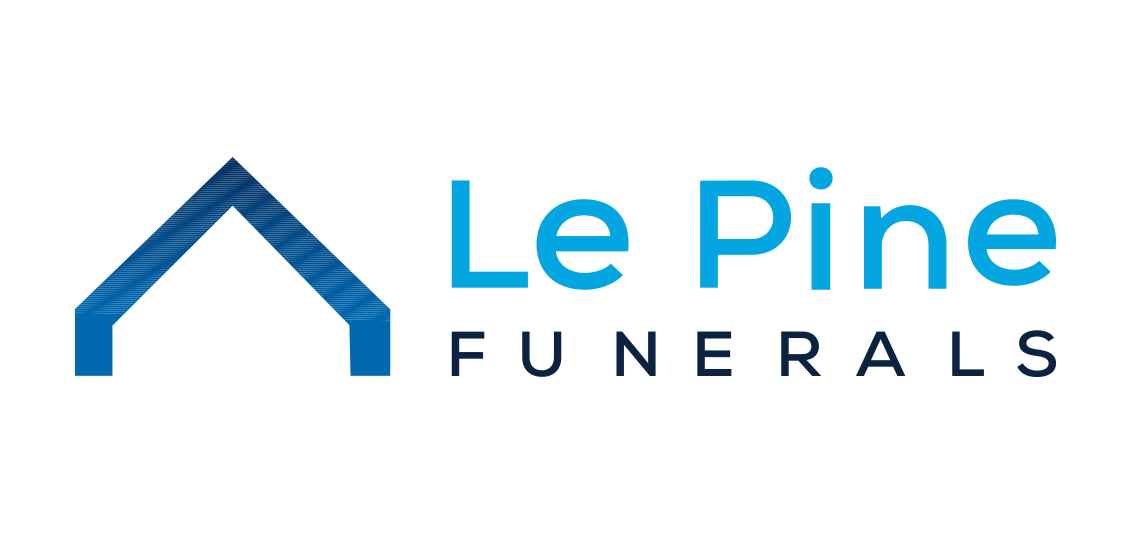 Logo of Le Pine Funerals featuring a stylized blue house roof and the company name in blue and black text.