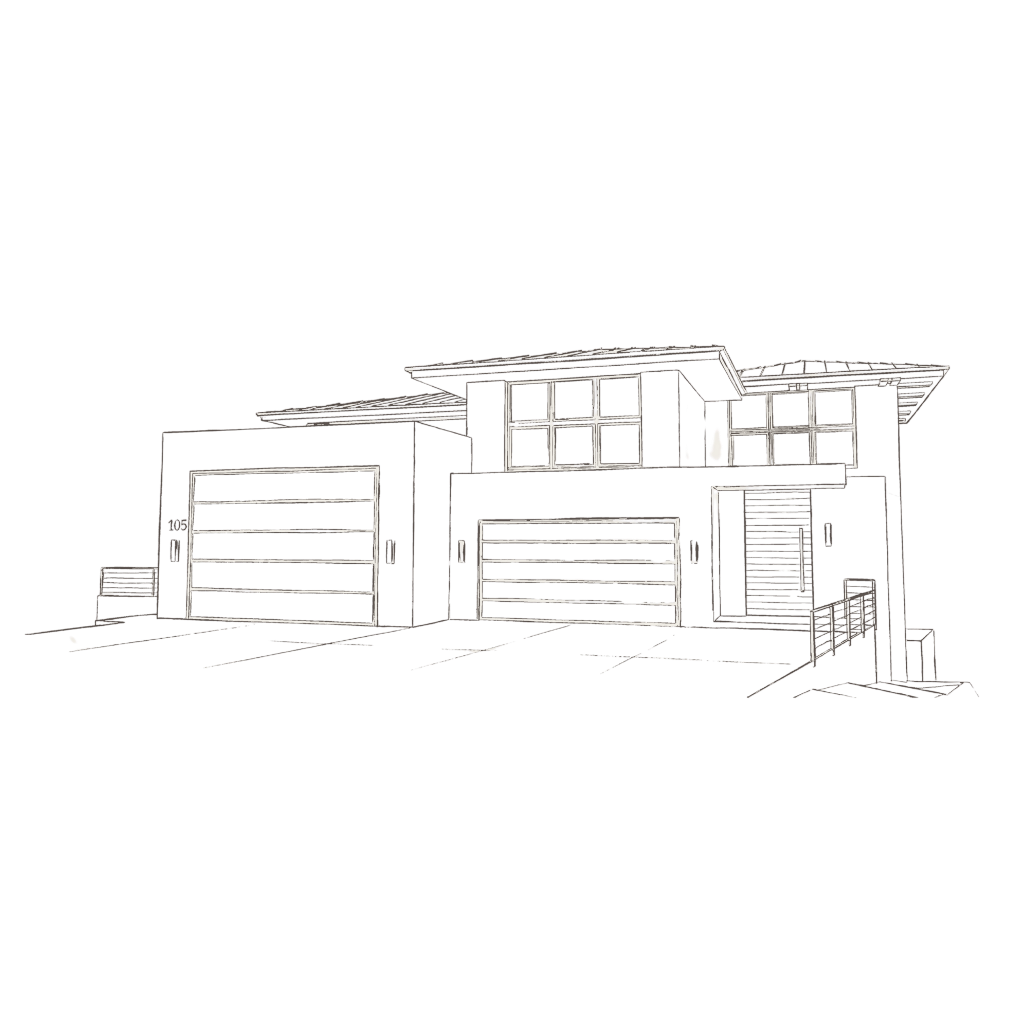 Line drawing of a modern house with multiple levels, large windows, and a flat roof, set against a black background.