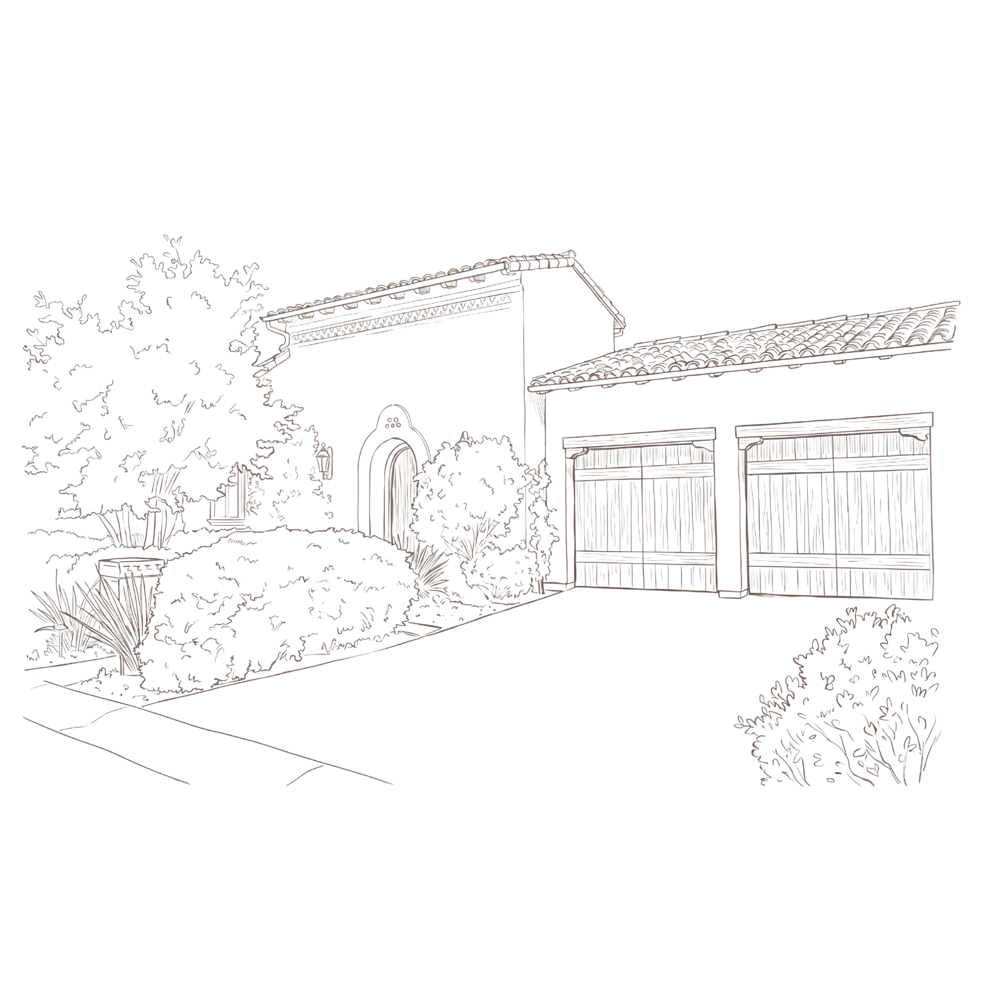 Outline drawing of a house with a tiled roof, windows, and a door, surrounded by trees and shrubs, with a fence and pathway in the front yard.