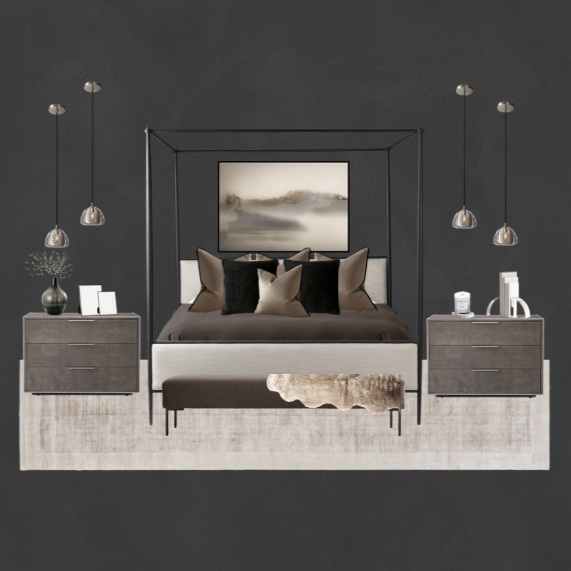 Modern bedroom with dark gray walls, a bed with brown and black pillows, two gray nightstands, hanging pendant lights, and abstract artwork above the bed.