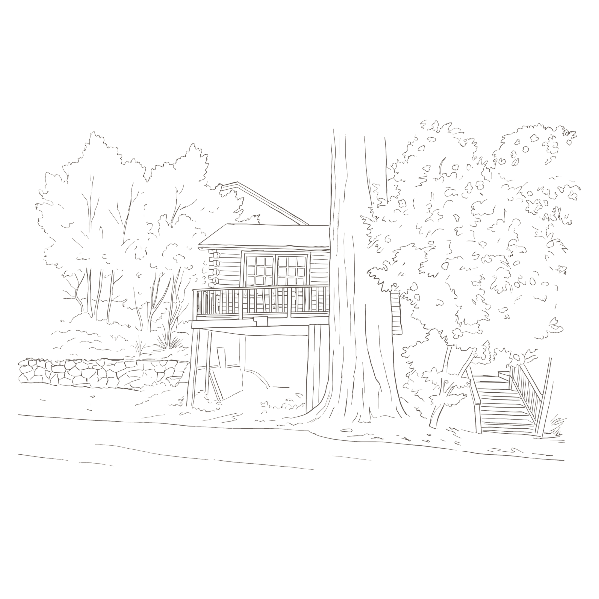 Outline drawing of a small house with a porch, surrounded by trees and bushes in a natural setting.