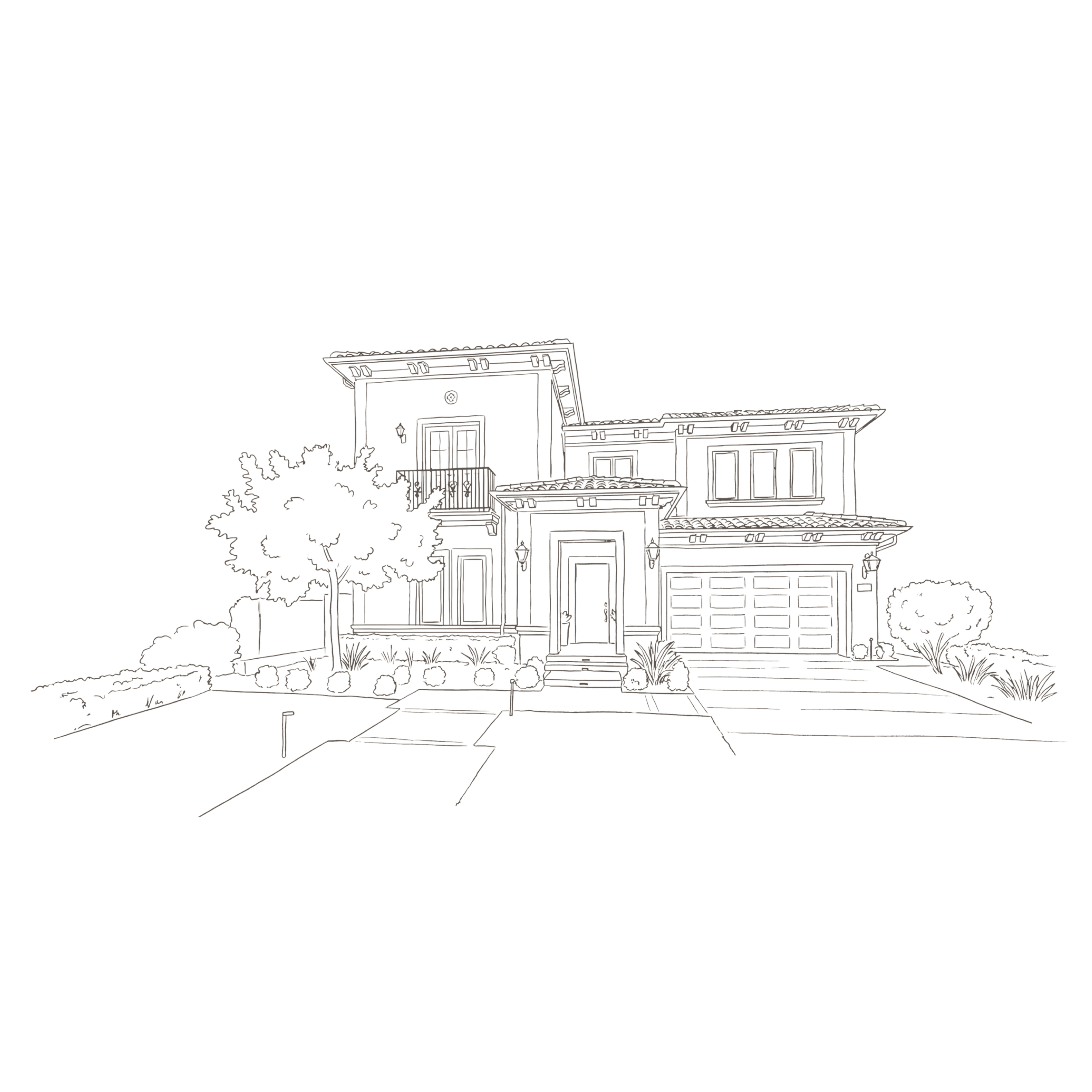 A sketch of a house with a front porch, windows, and a sloped roof, set against a black background.