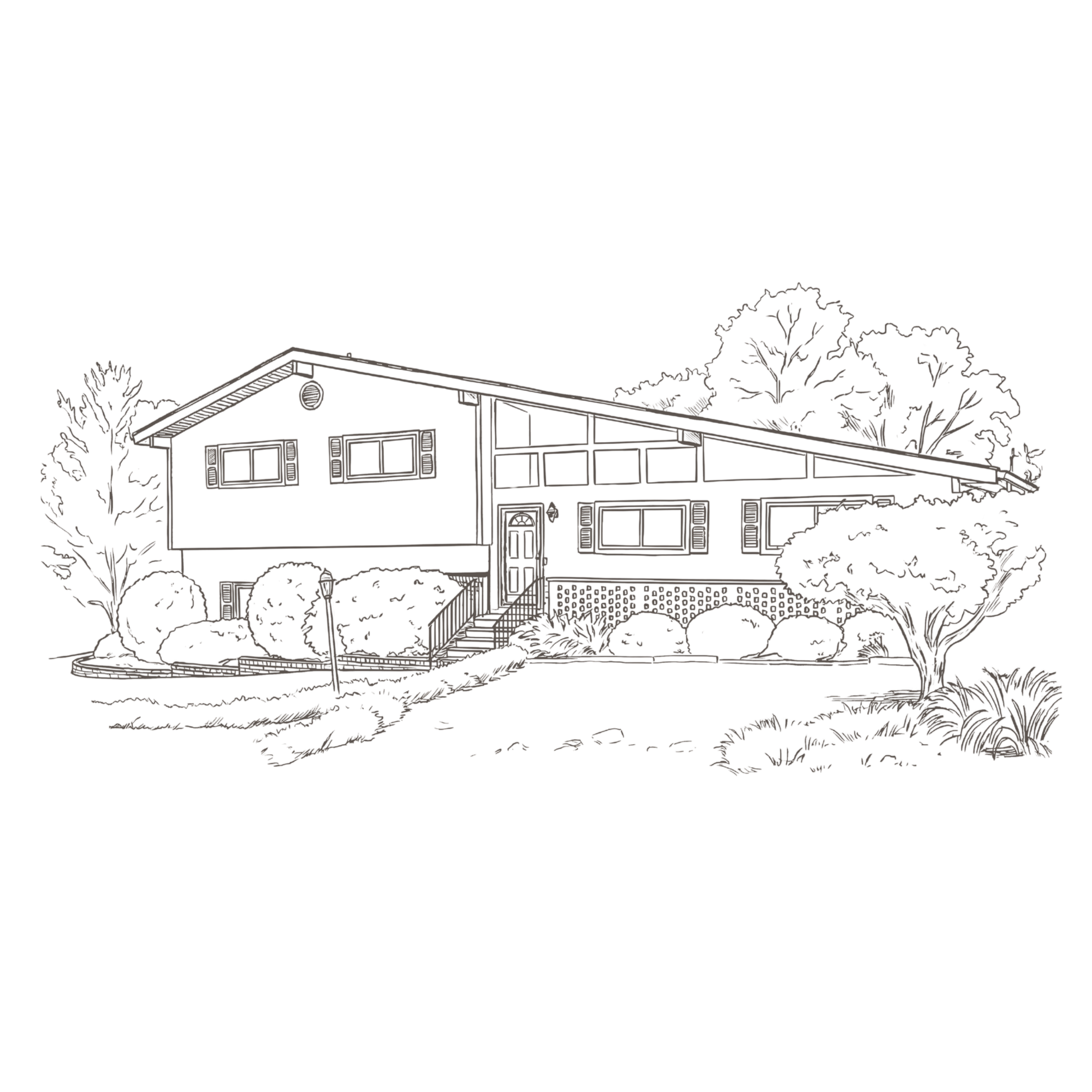 Line drawing of a modern house with large windows, surrounded by trees and bushes, with a spiral staircase leading to the front door.