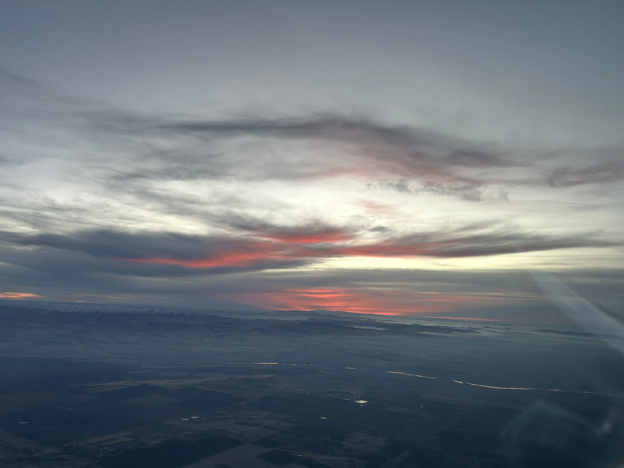 Aerial sunset landscape seen from pilot training flight near Bend, Oregon