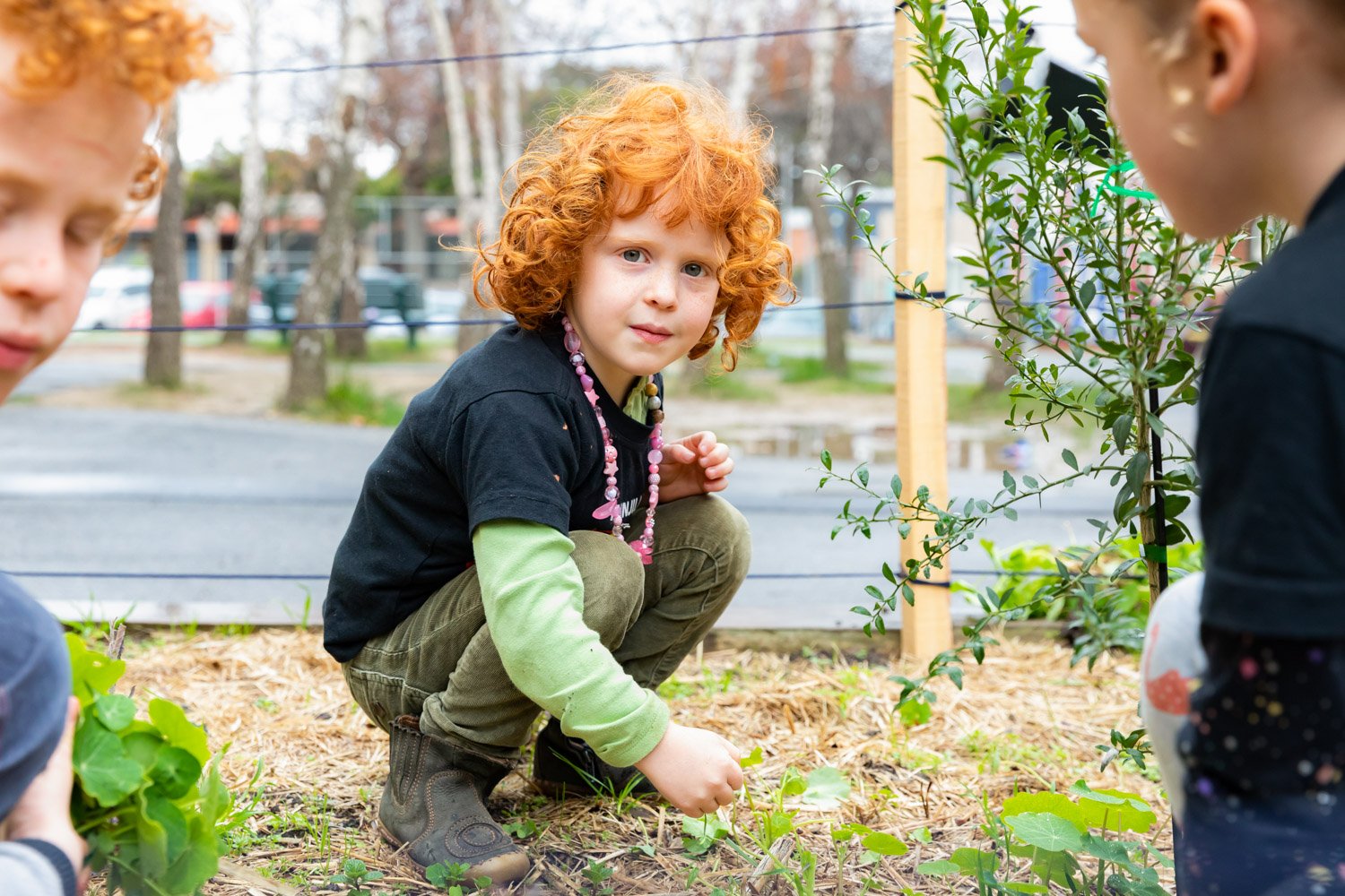 A young girl with curly red hair and wearing a black T-shirt with green long sleeves underneath, a beaded necklace, and khaki pants, crouching down while planting or examining a small plant in a garden bed, flanked by two other children.