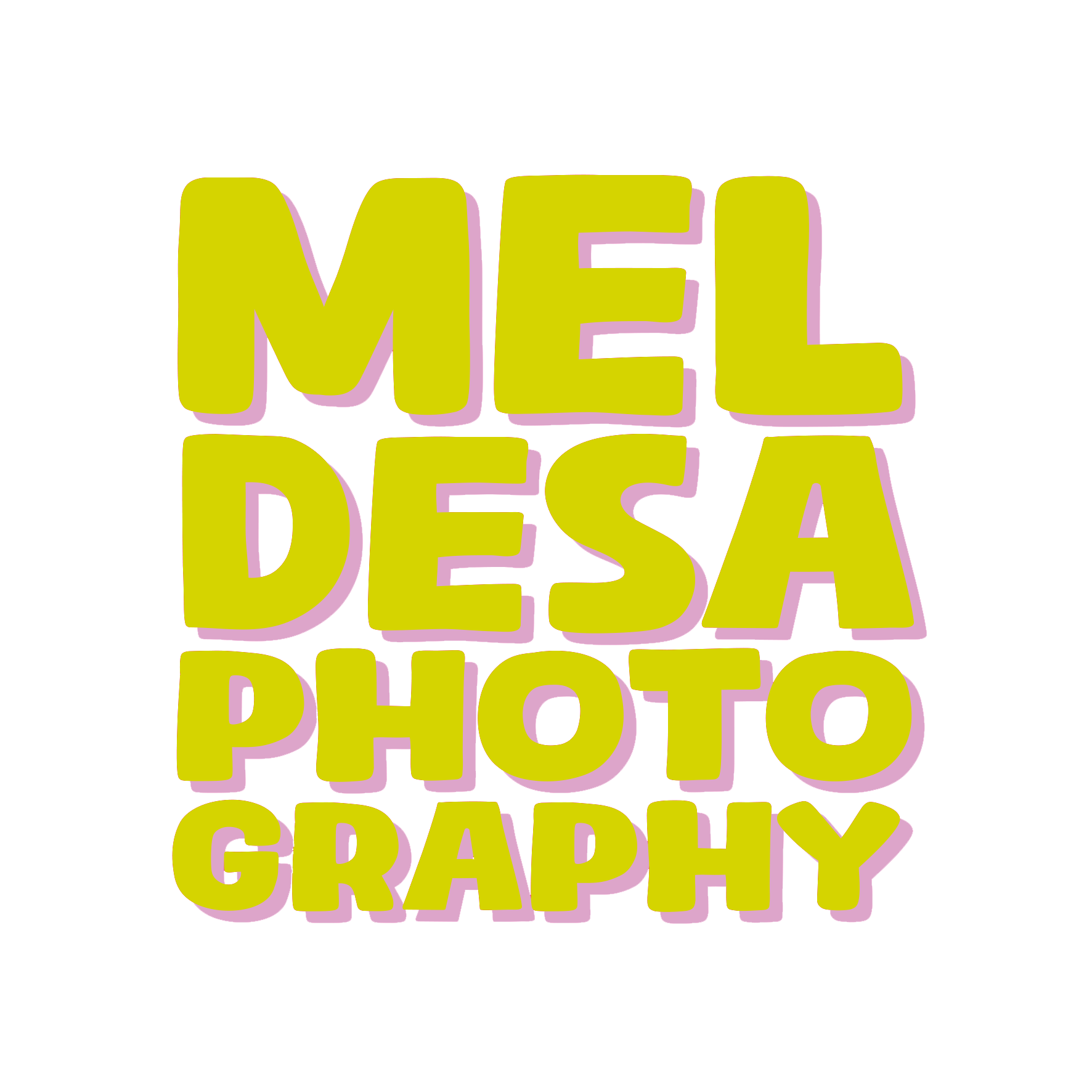 Bold, yellow-green text reading 'MEL DESA PHOTOGRAPHY' with a pink outline on a black background.