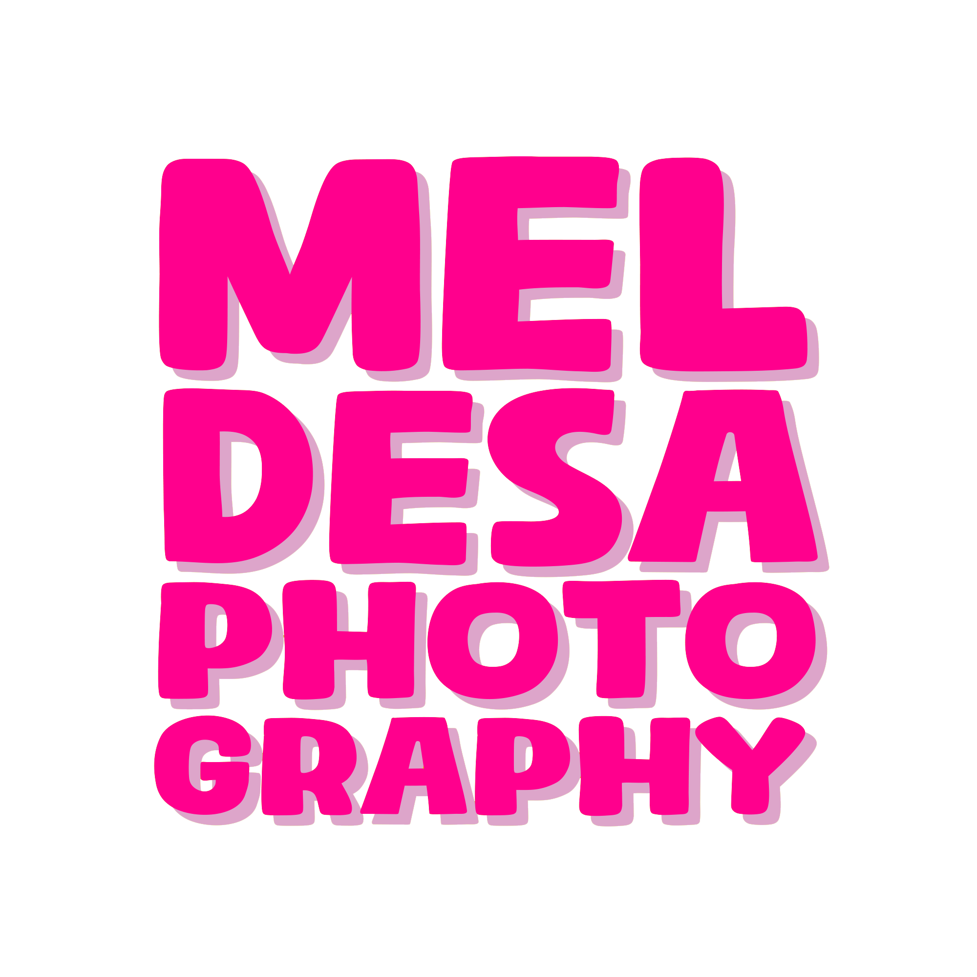 Bright pink and purple 3D text reading "Mel Desa Photography" on a black background.