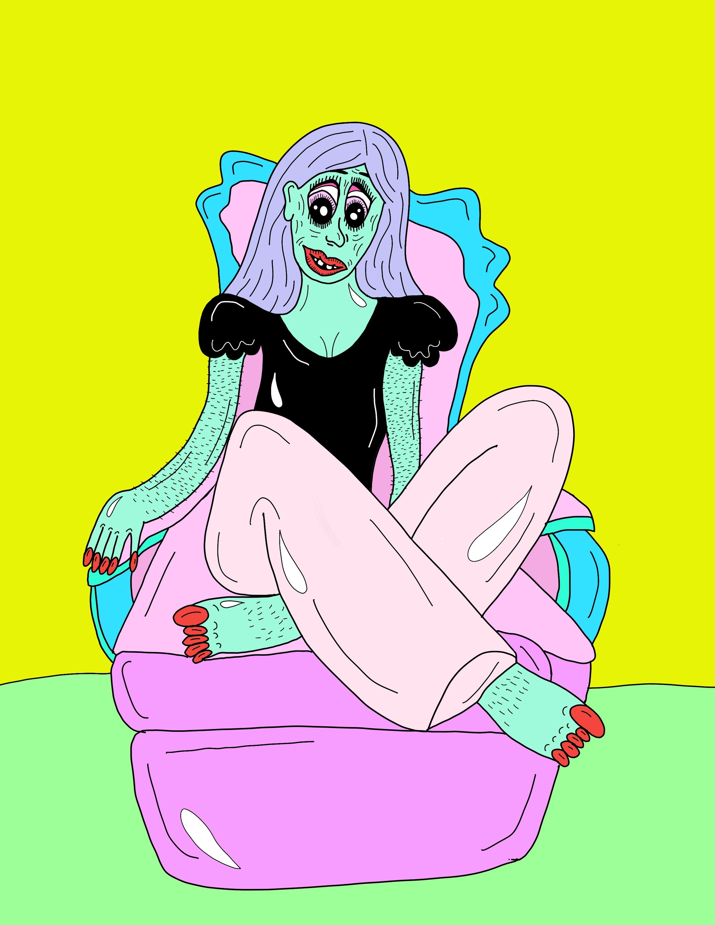 A cartoon illustration of a zombie woman with light blue skin, purple hair, and large black eyes, sitting on a pink and purple armchair with her legs crossed. She is wearing a black top, pink pants, and has red nails. The background is bright yellow.