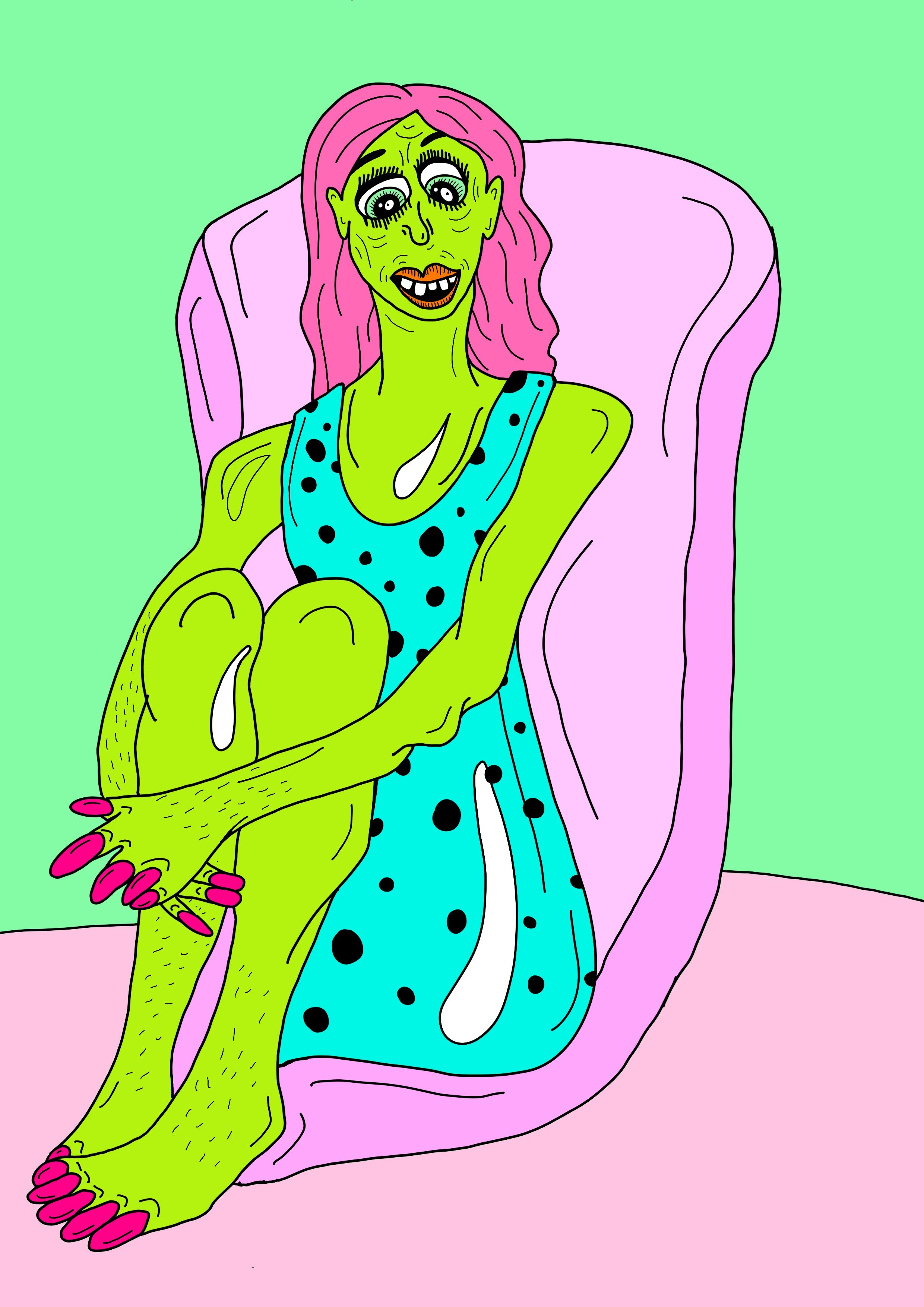 A cartoon image of a green-skinned humanoid with pink hair sitting on a pink chair. The figure wears a blue polka-dotted dress, has exaggerated facial features, large eyes, and an open mouth showing few teeth. The background is mint green.