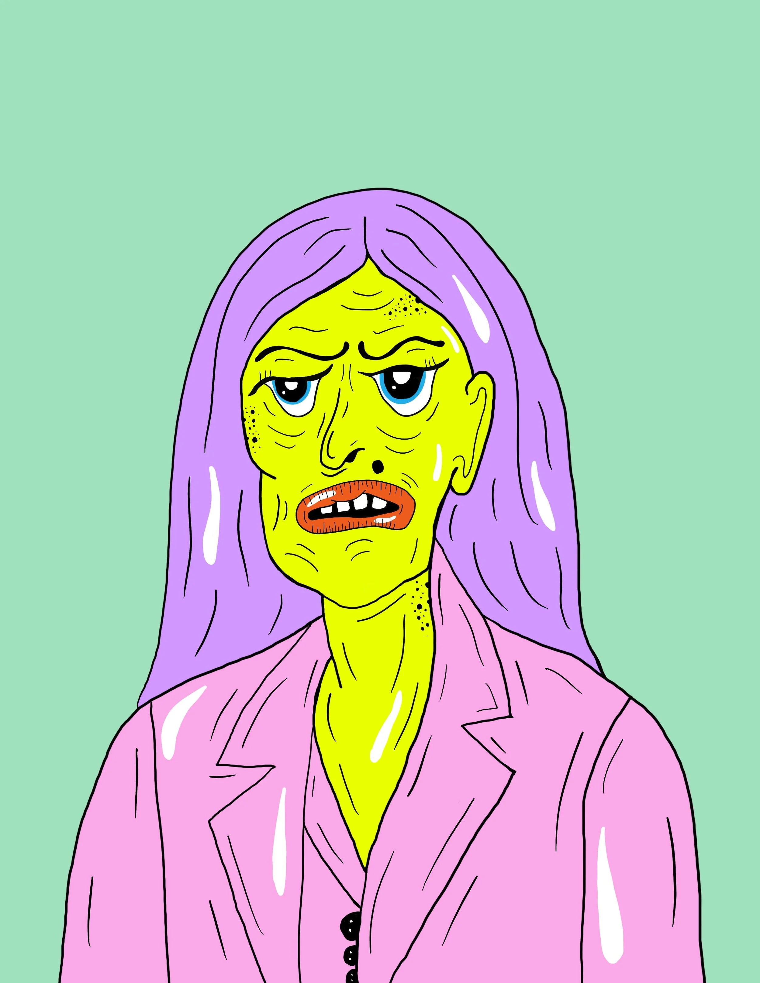 A cartoon illustration of a character with green skin, purple hair, wearing a pink blazer, with a tired and disheveled expression.