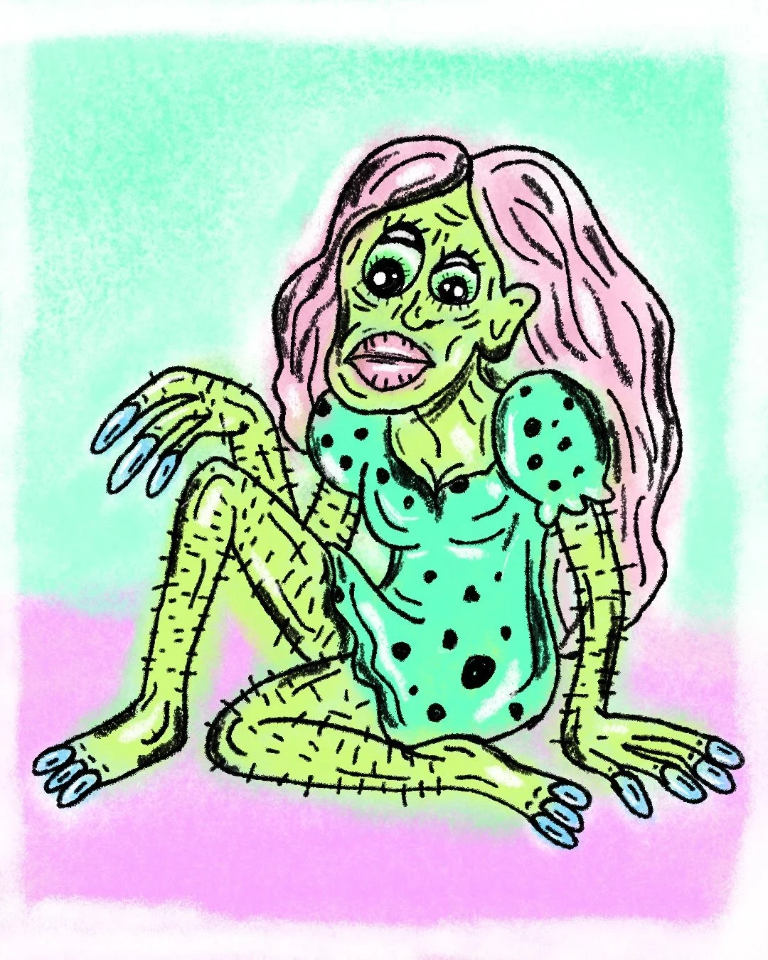 A colorful drawing of a green-skinned, multi-eyed monster with pink hair, wearing a polka-dotted dress, sitting with one knee up and one arm resting on it.
