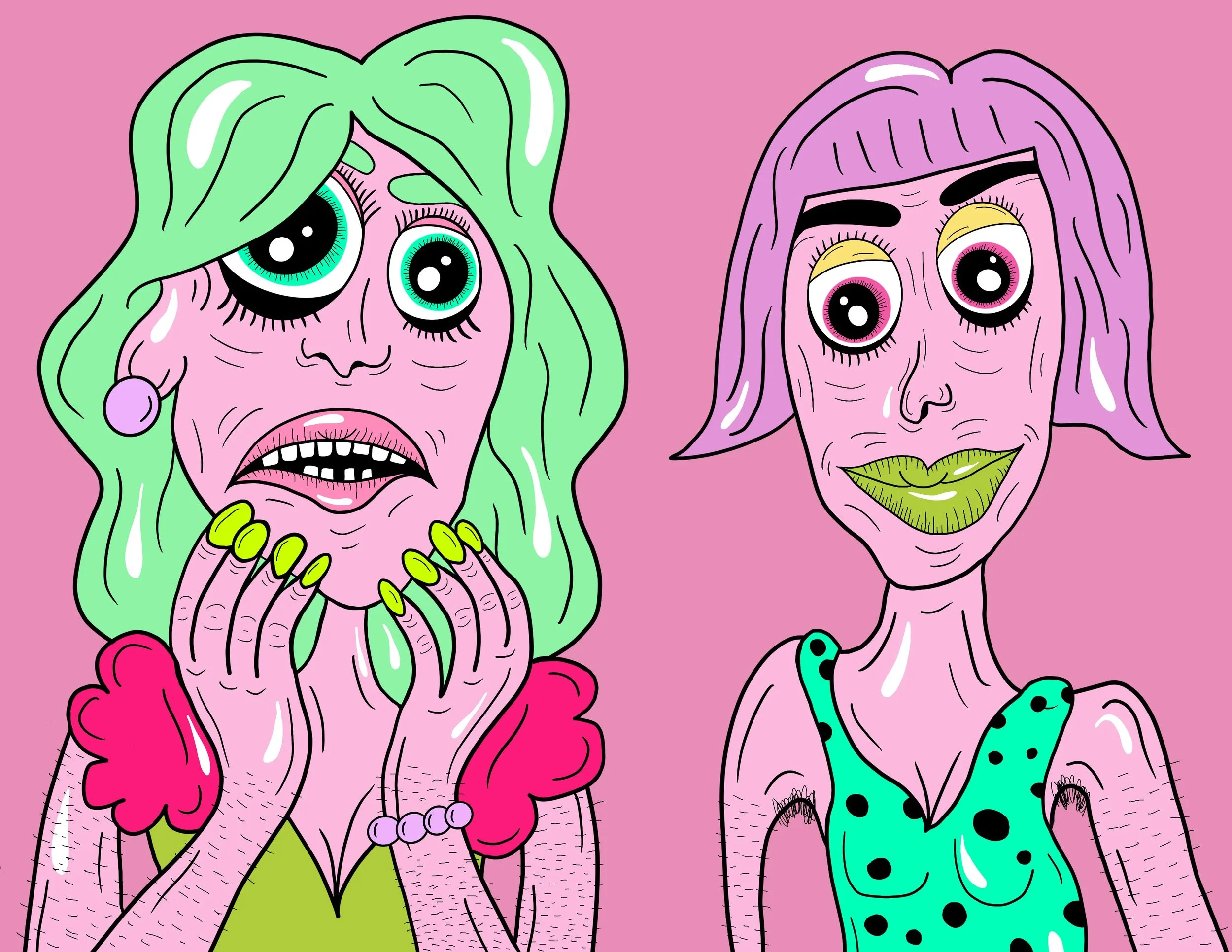 Two cartoon women with exaggerated features, large eyes, and vibrant hair against a pink background.