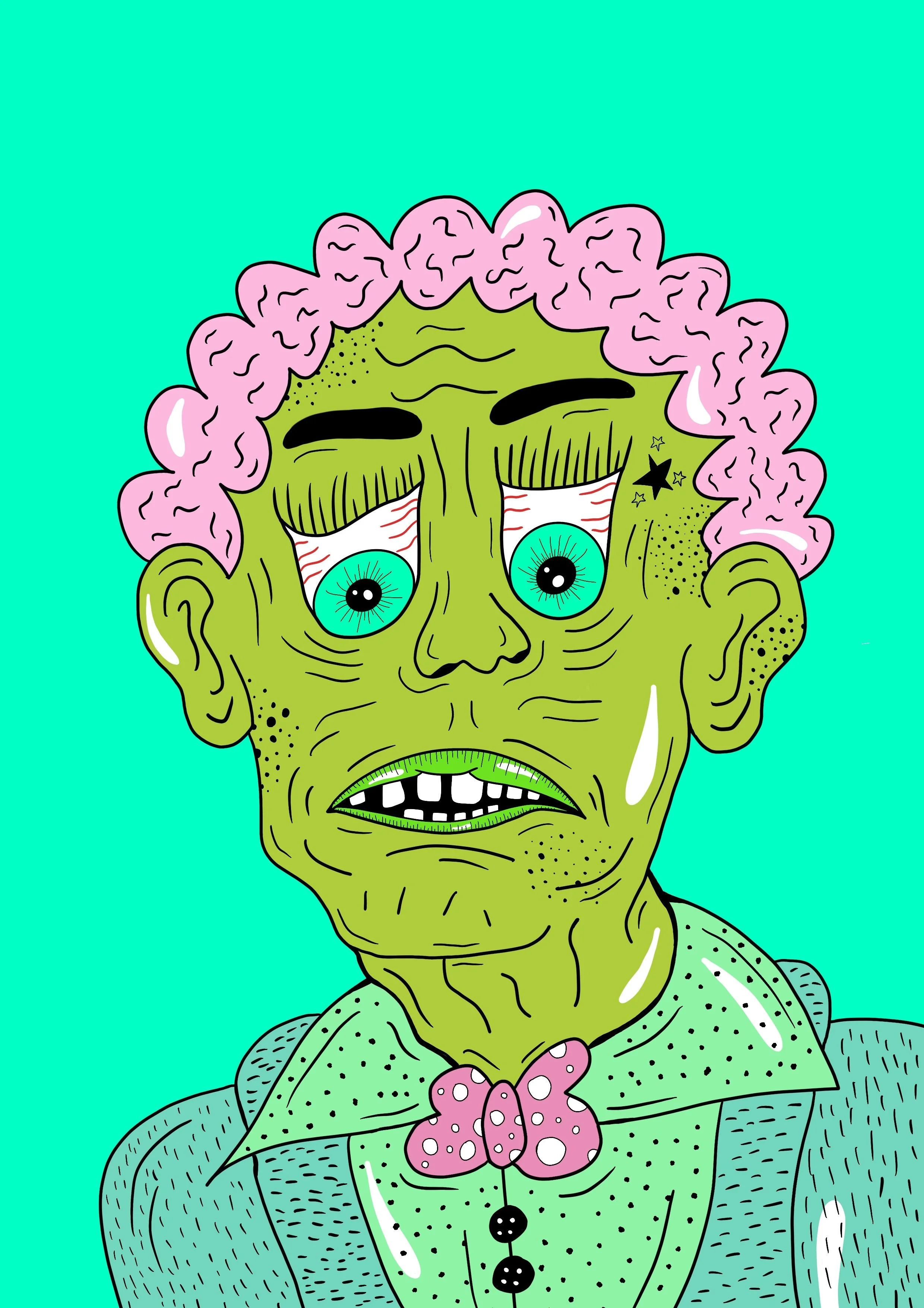 A cartoon illustration of a green-skinned, zombie-like character with pink, curly hair, large blue eyes, and a star tattoo near one eye. The character has a distressed expression, showing uneven teeth, and is wearing a gray suit with a pink polka-dot