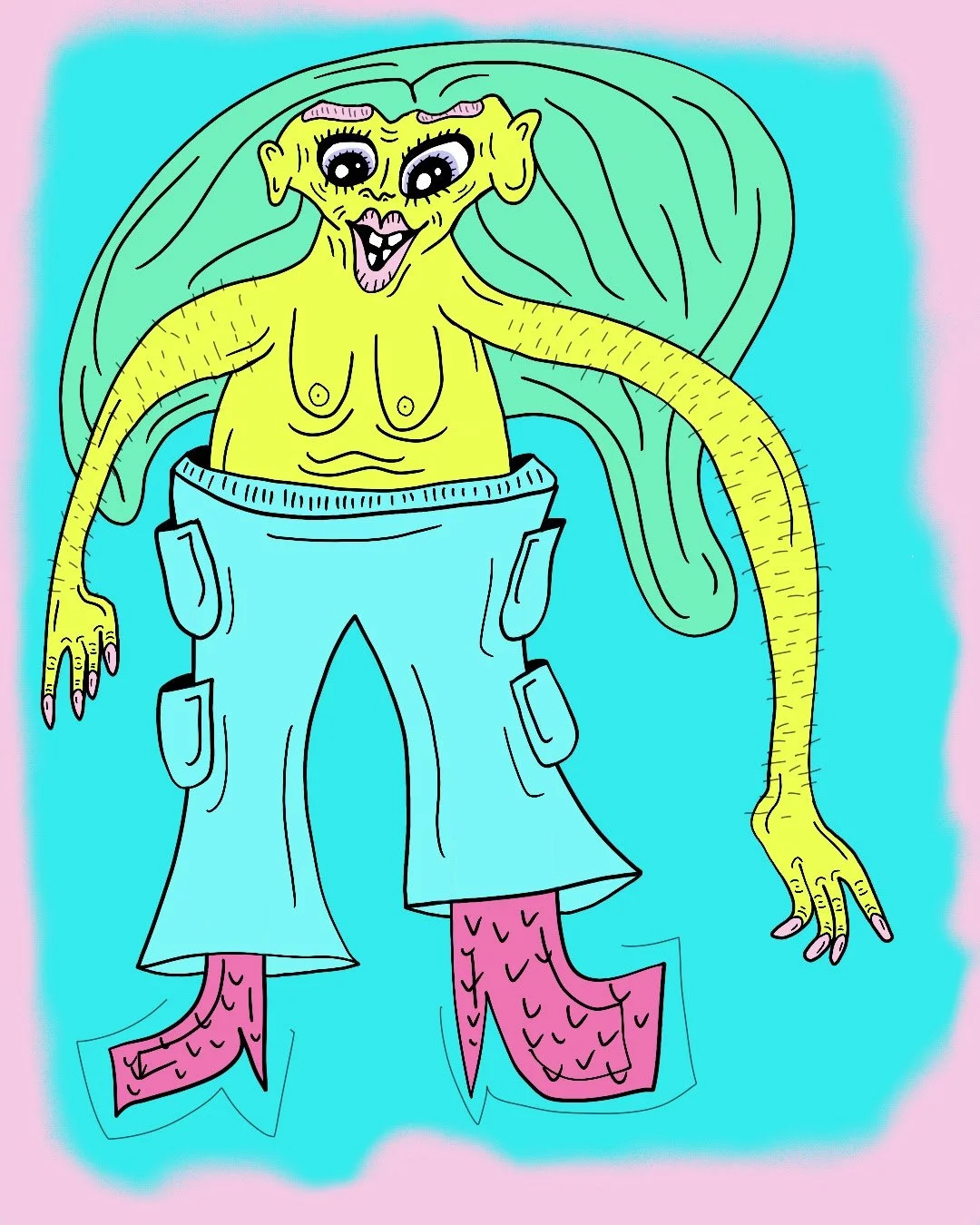 A cartoon alien with green skin, large eyes, and pink hair, wearing blue shorts and pink boots, standing with its arms outstretched.