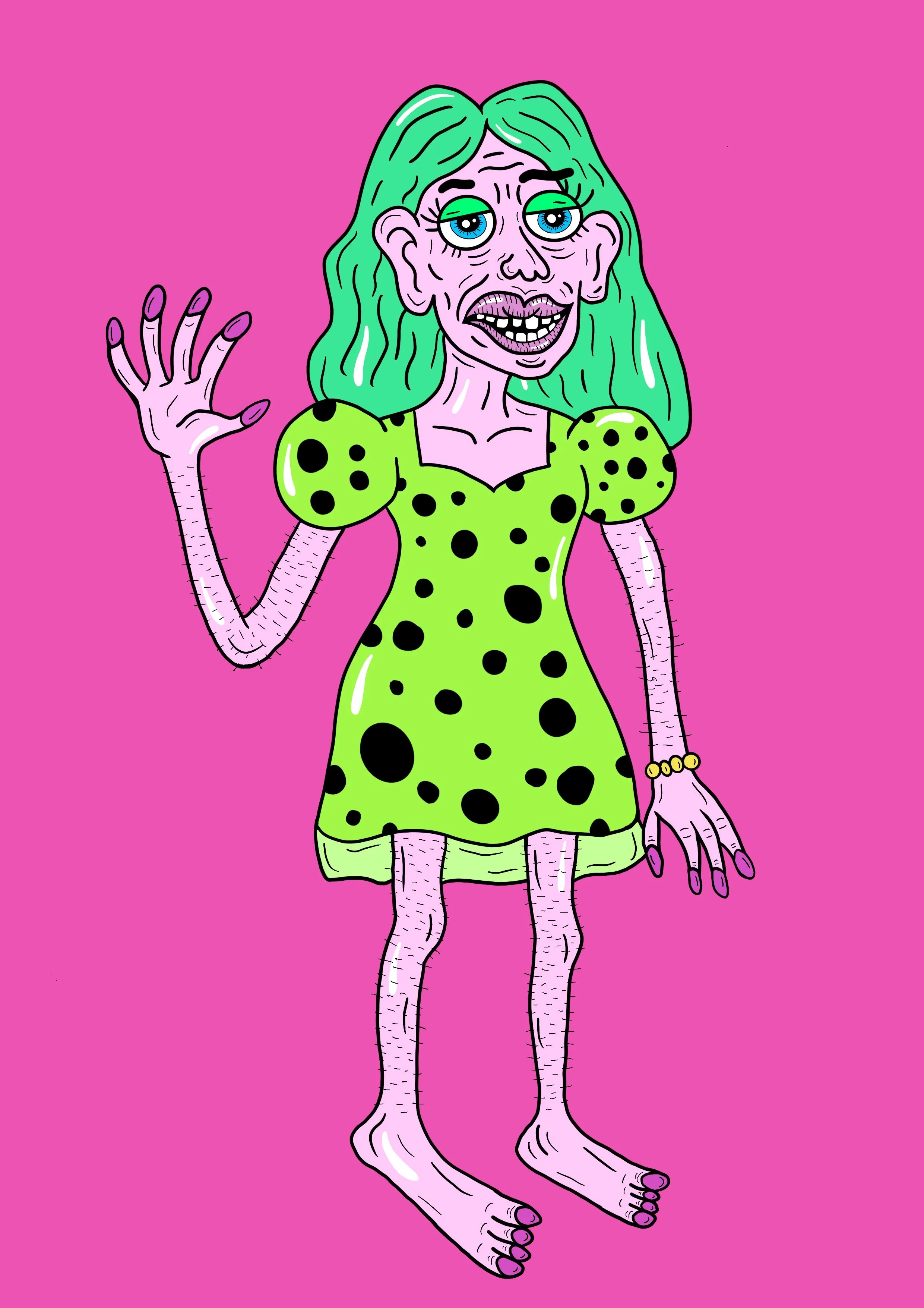 A cartoon character with a distorted human face, green hair, wearing a green dress with black polka dots, and waving against a pink background.