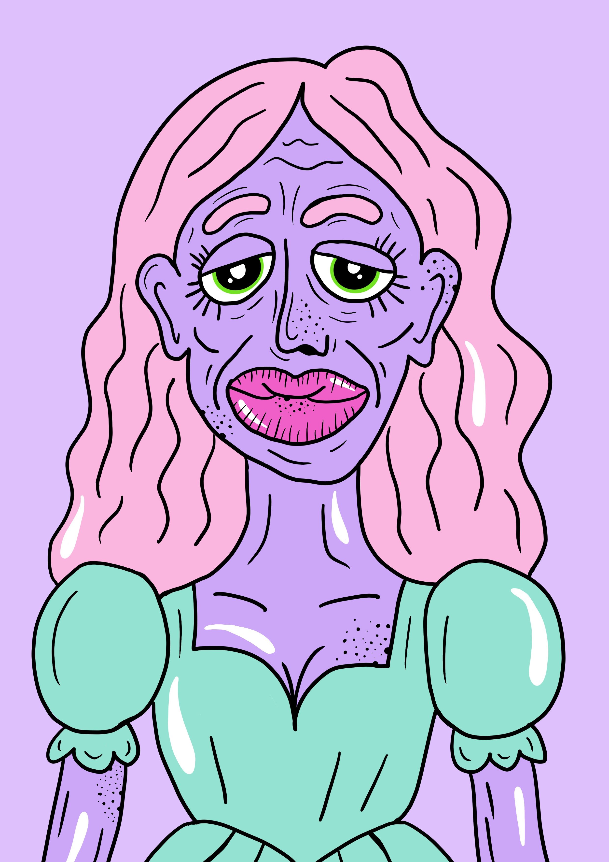 A cartoon illustration of a woman with purple skin, pink hair, and green eyes, wearing a pastel green dress with puffed sleeves, set against a purple background.
