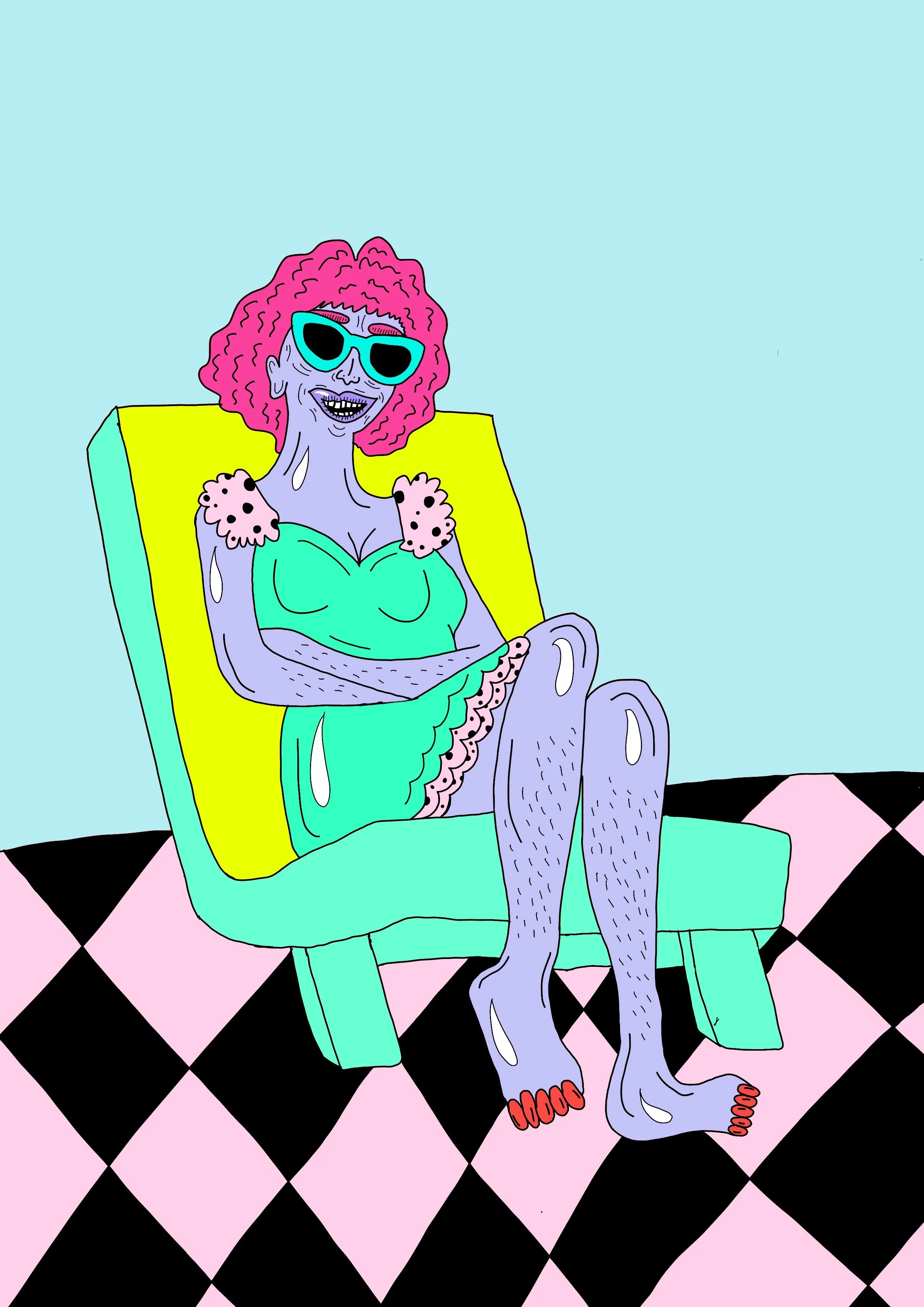 A colorful, cartoonish illustration of a woman with purple skin, pink curly hair, and wearing sunglasses, sitting relaxed in a yellow and teal armchair on a checkered pink and black floor against a light blue background.