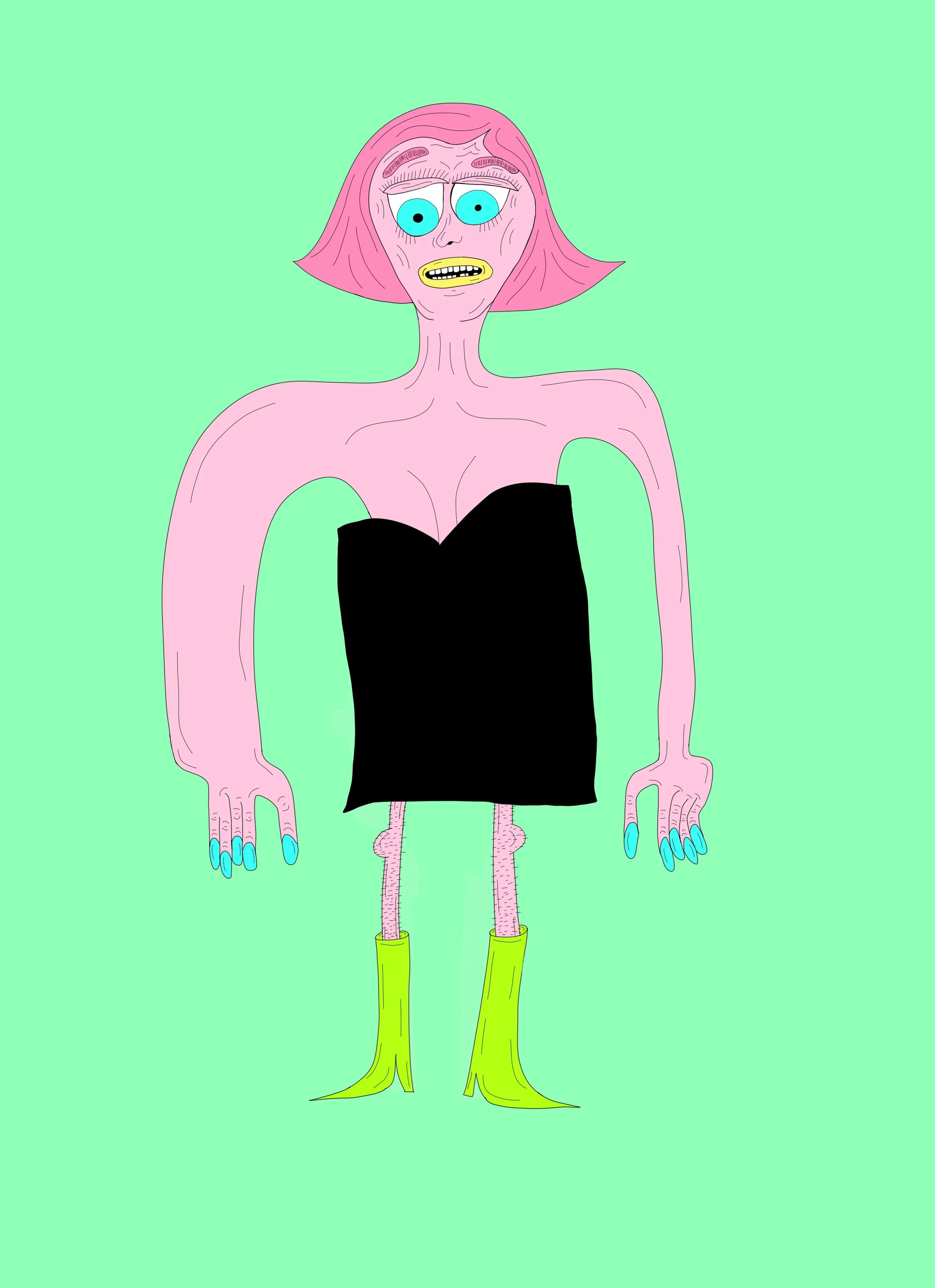 A digital drawing of a human figure with exaggerated features, pink skin, a pink bob haircut, large blue eyes, and yellow lipstick. The figure is wearing a strapless black dress and yellow high boots, with long slender legs and arms, set against a li