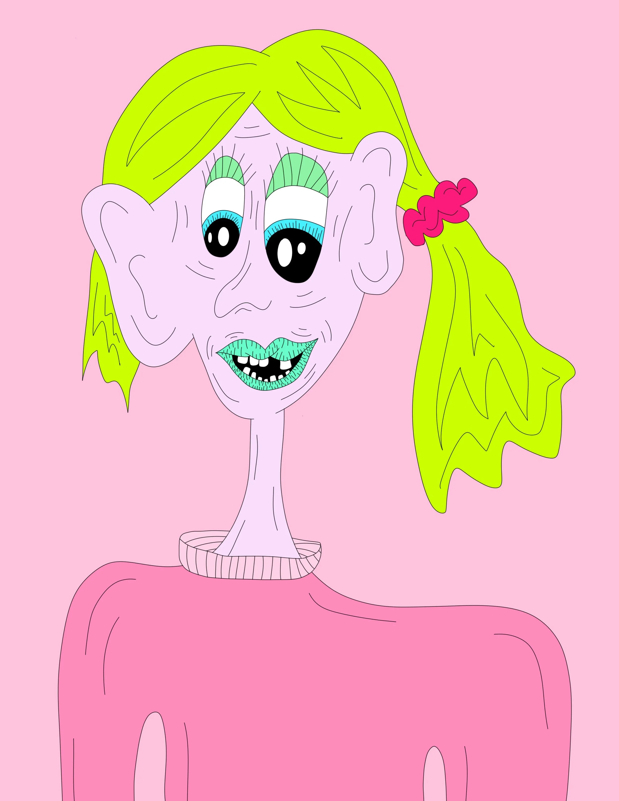 A cartoon illustration of a female character with light purple skin, large eyes with purple and green eyeshadow, messy green hair with a pink hair tie, and a pink shirt. The character has exaggerated facial features and a quirky expression.