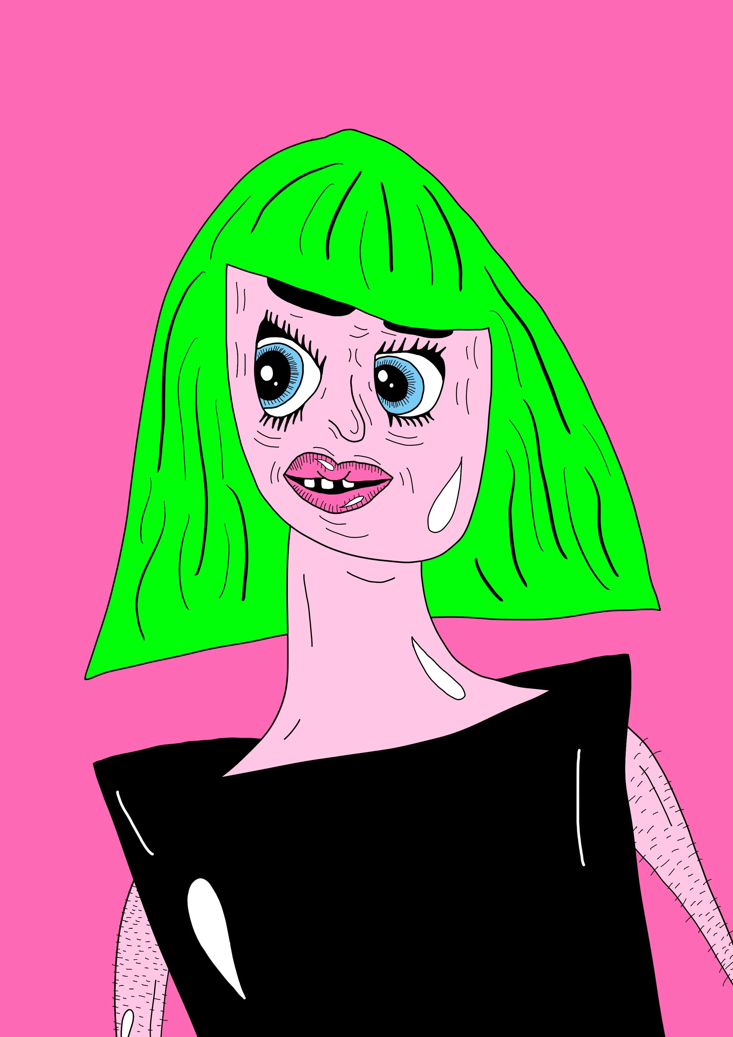 A cartoon woman with green hair, large blue eyes, missing teeth, and a nose that appears to be dripping. She is wearing a black shirt against a pink background.