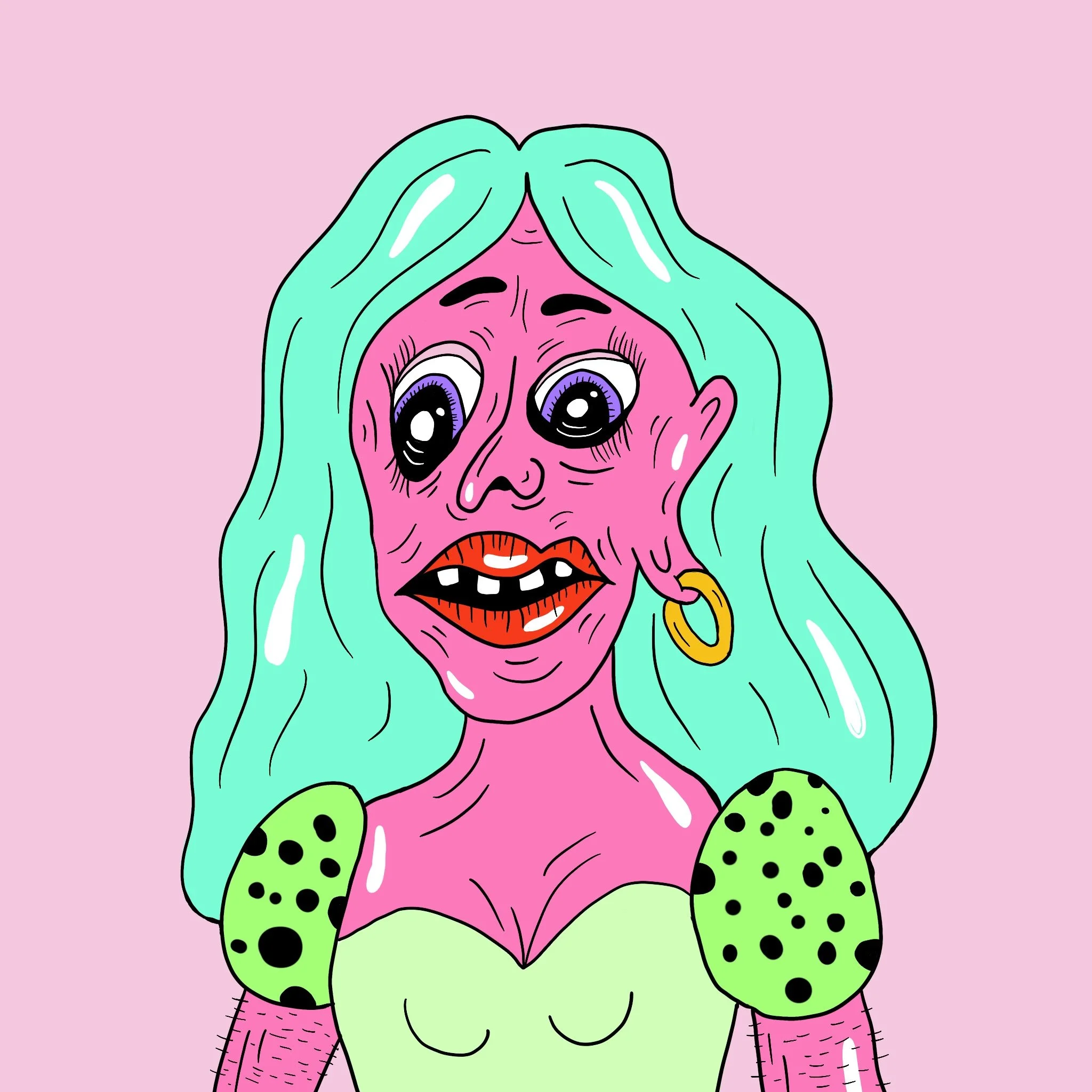 A cartoon illustration of a woman with pastel blue hair, exaggerated facial features, large eyes, and crooked teeth, wearing a green top with black polka-dotted sleeves and a large hoop earring, against a pink background.