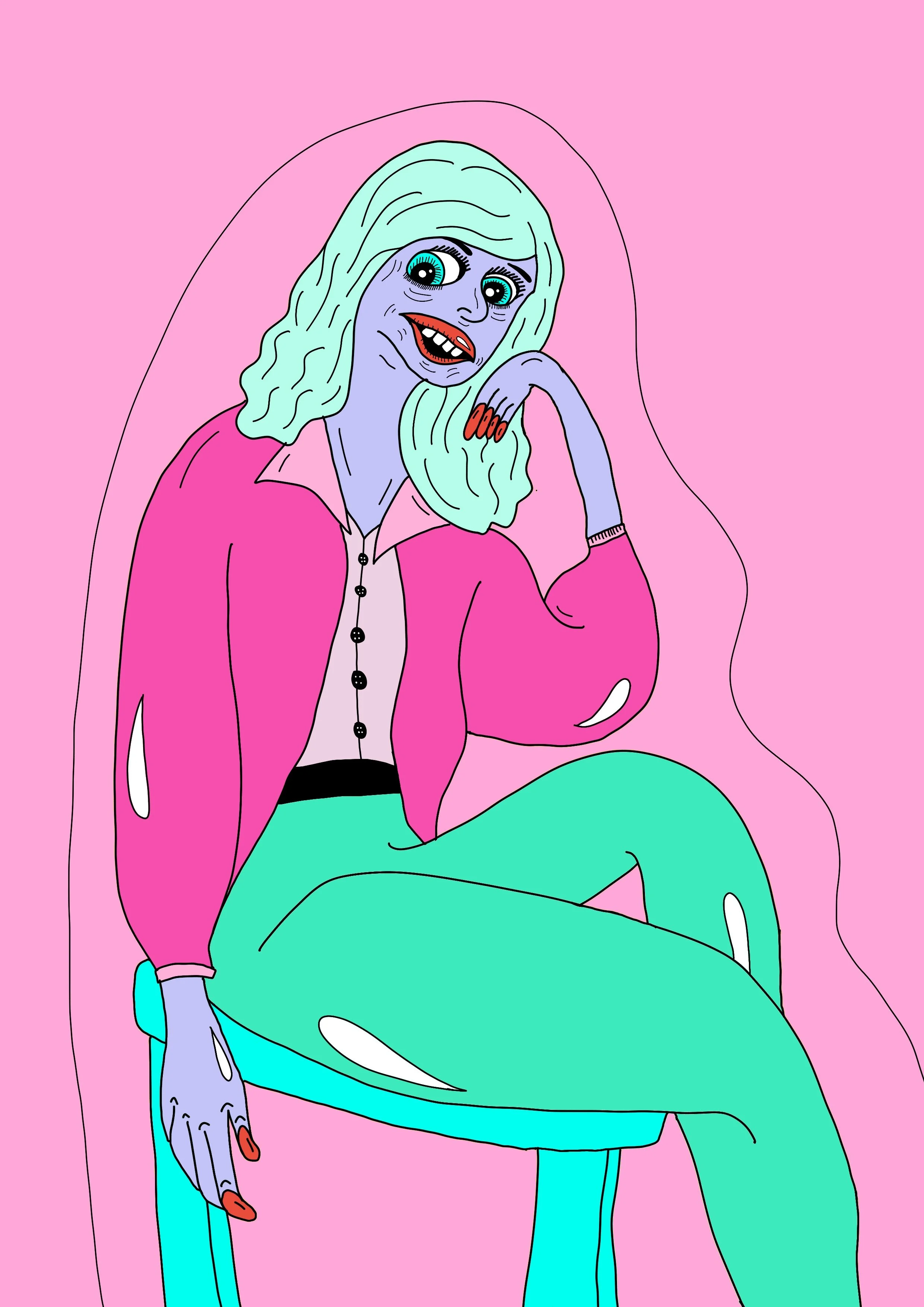 A colorful, cartoon-style drawing of a woman with light blue skin and wavy light green hair, sitting on a blue chair against a pink background. She is smiling with large eyes, wearing a pink jacket, white shirt, and green pants, with red nails, and h
