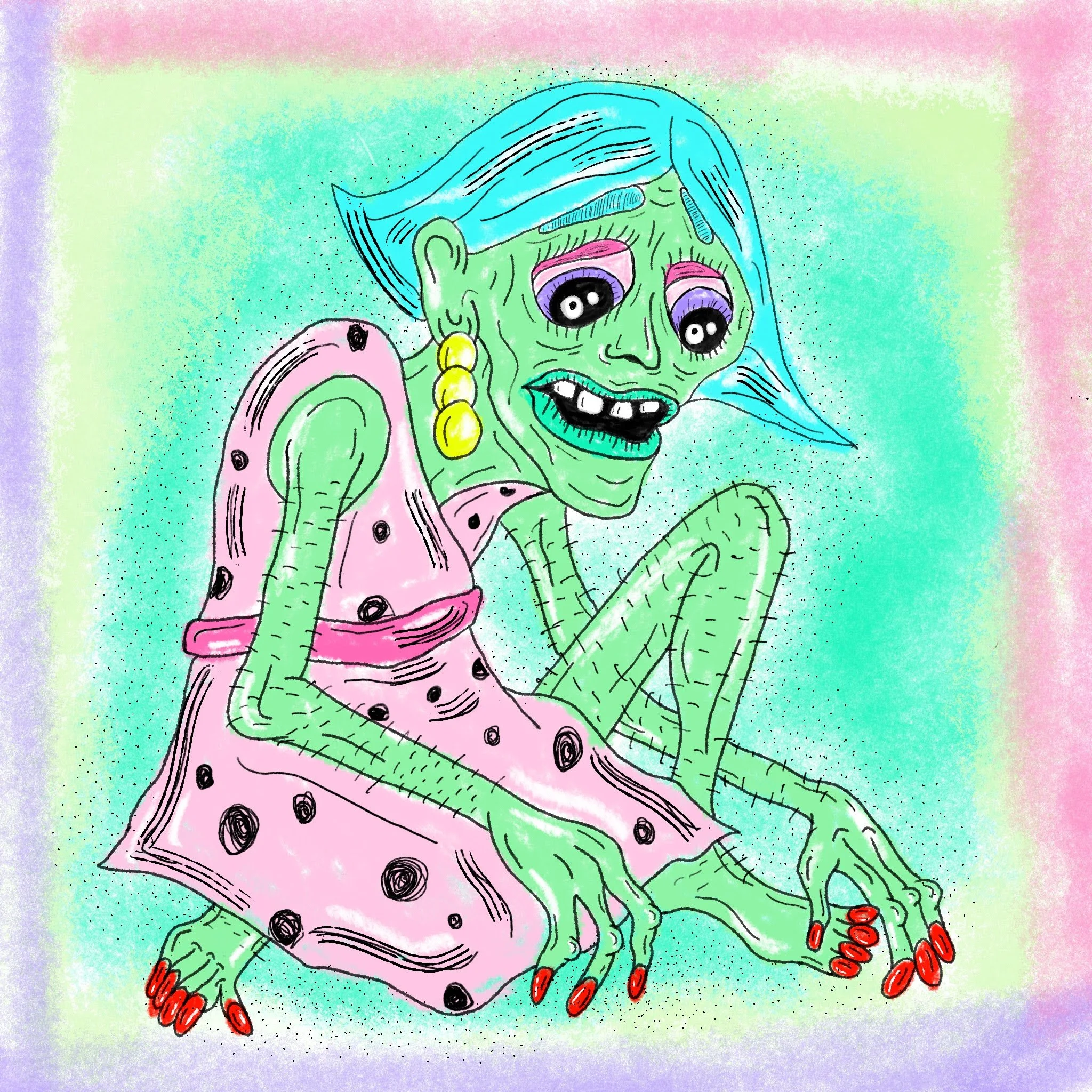 A colorful, cartoonish illustration of a green-skinned creature with exaggerated features, wearing a pink dress with black spots and large yellow earrings. The creature has blue hair, big eyes with purple eyeshadow, and black lips. It has long, green