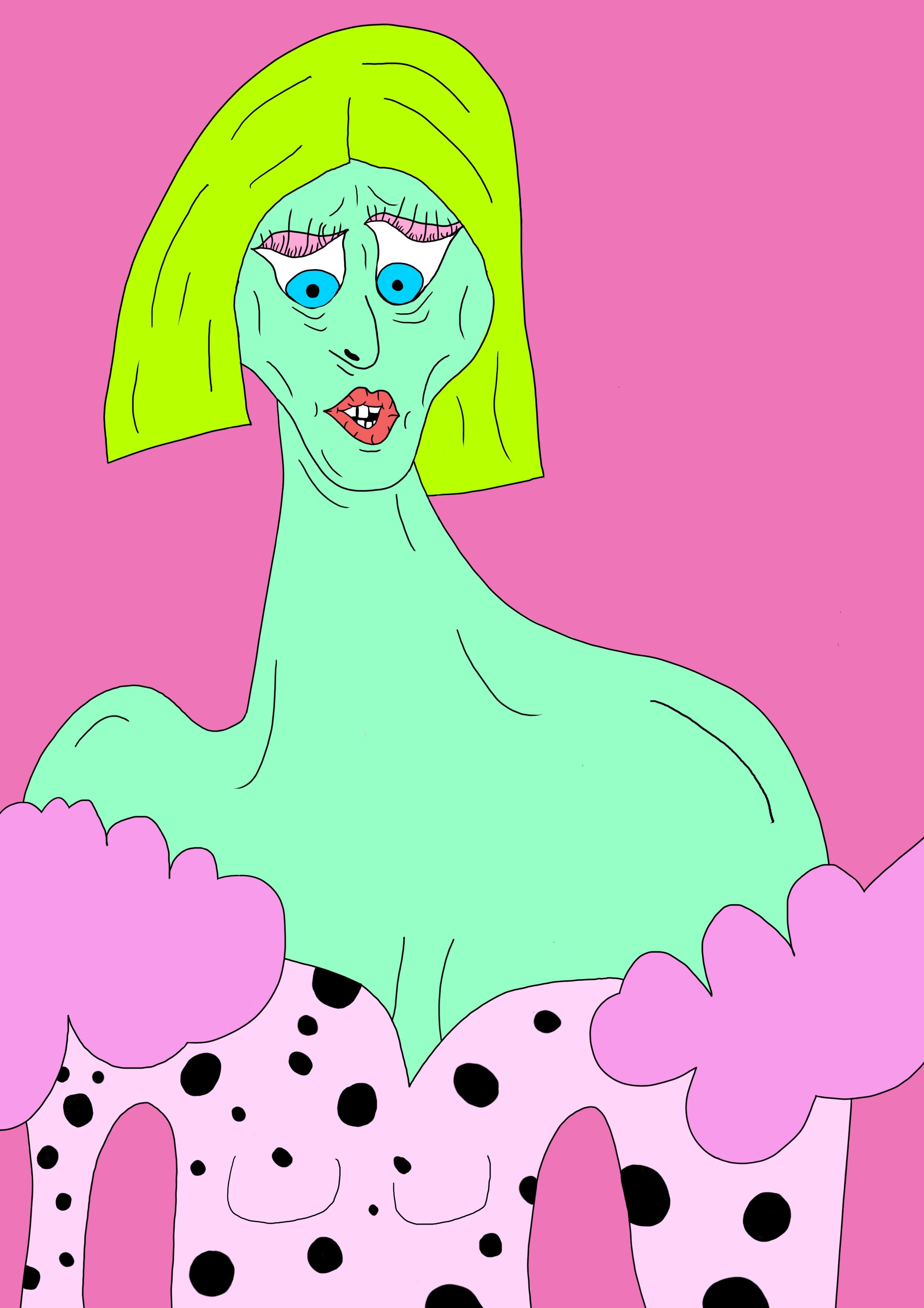 A cartoonish illustration of a strange woman with green skin, bright yellow-green hair, and exaggerated facial features, including large blue eyes, long eyelashes, and red lips. She appears to be surrounded by pink and purple clouds with black spots,