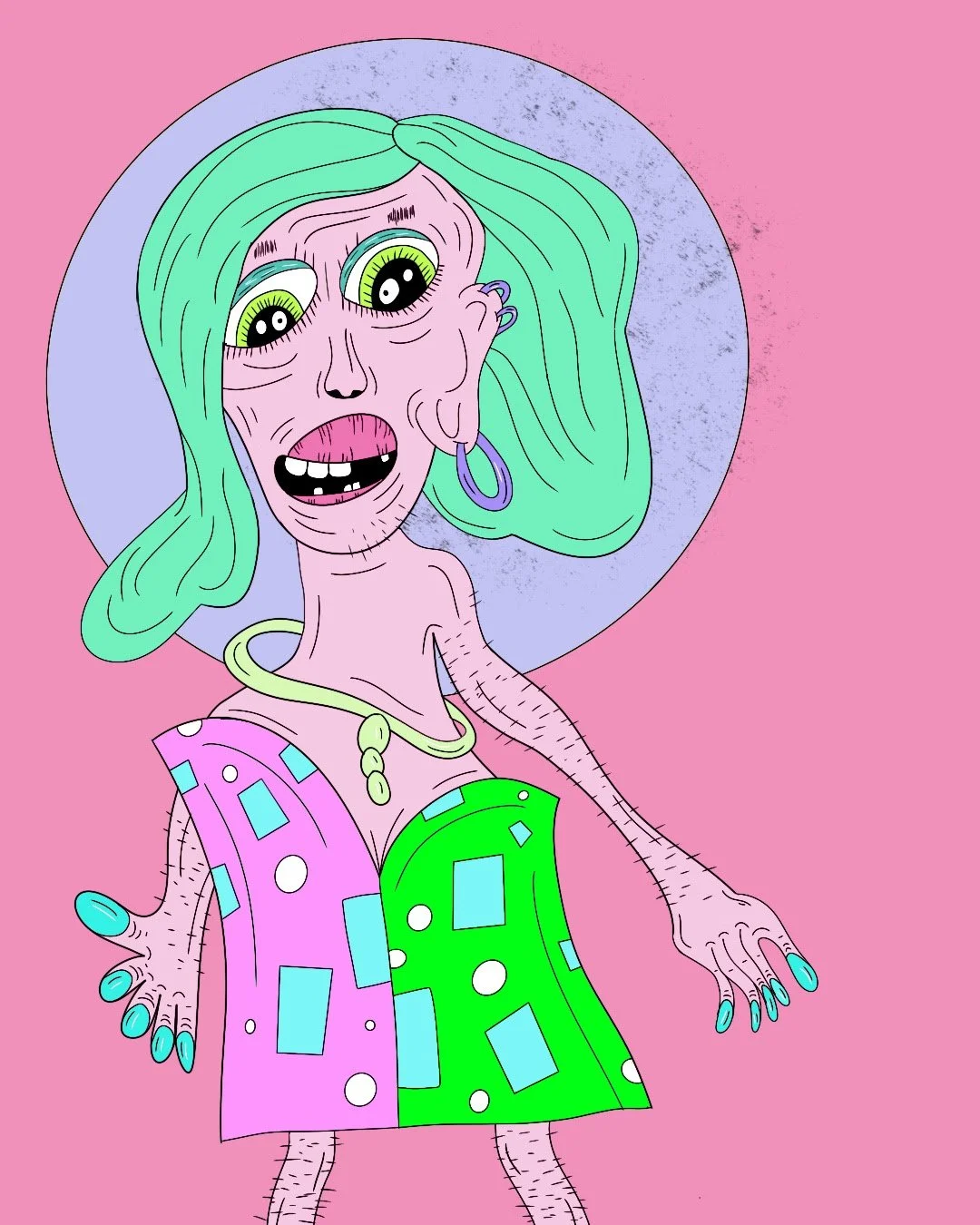 Cartoon drawing of a zombie woman with green hair, large eyes, and missing teeth, wearing colorful clothing and jewelry, standing against a pink background with a gray circular backdrop.