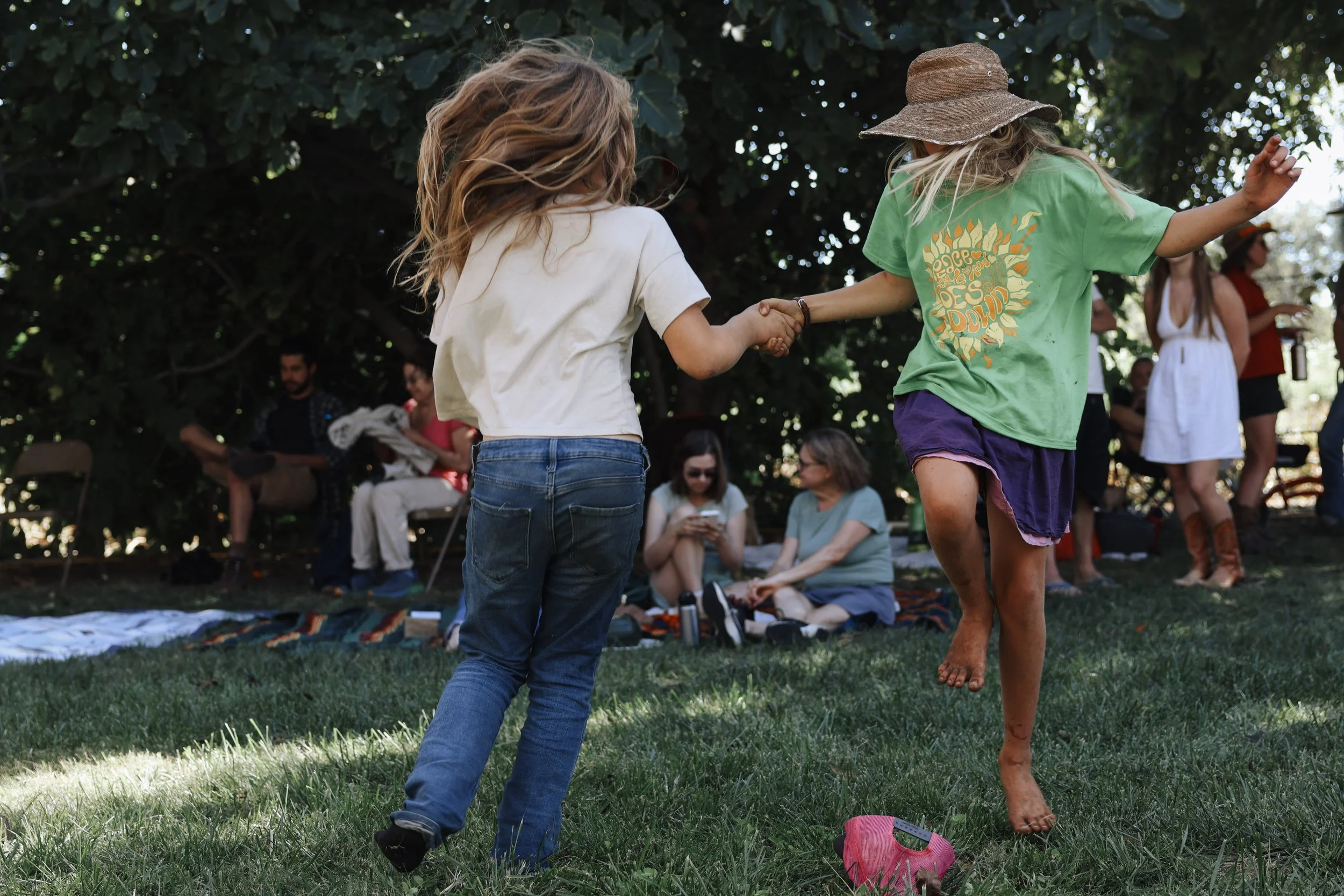 Two children are holding hands and dancing outdoors, with a group of people sitting and standing in the background under a large tree.