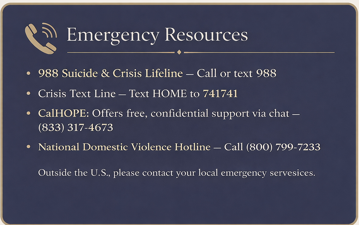 A sign displaying emergency resources, including suicide and crisis helpline numbers, a text line for crisis support, confidential support via chat, and a domestic violence hotline.