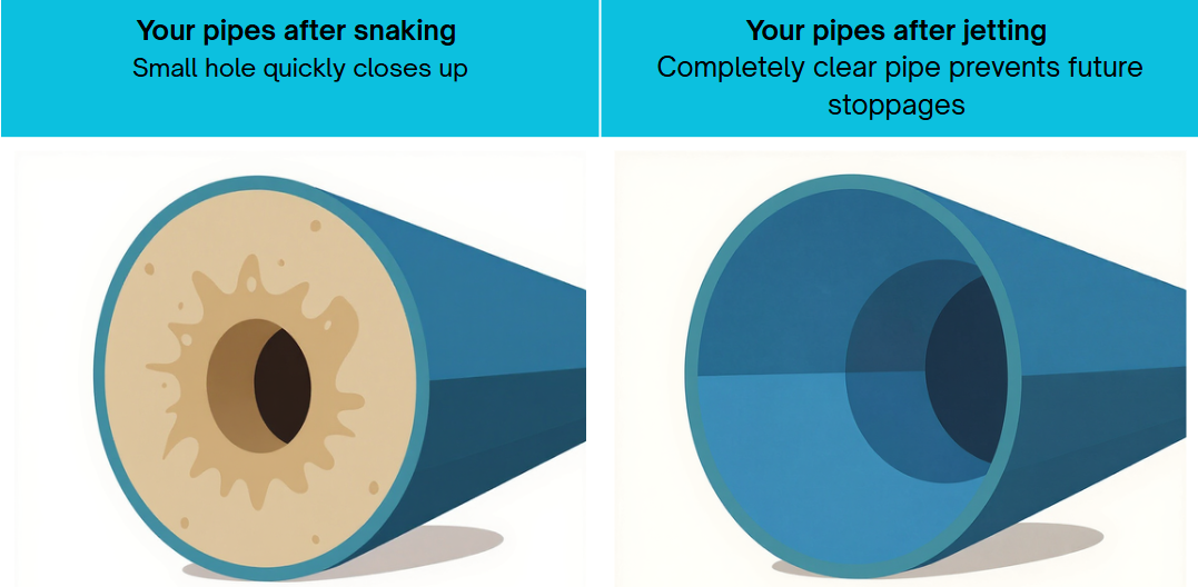 Comparison of pipes after snaking and jetting. The pipe after snaking shows a small hole that quickly closes, while the pipe after jetting is completely clear, preventing future stoppages.
