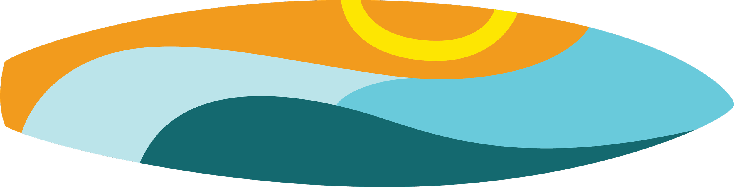 Illustration of a surf board, designed with flowing shapes and colors including orange, yellow, light blue, teal, and dark teal.